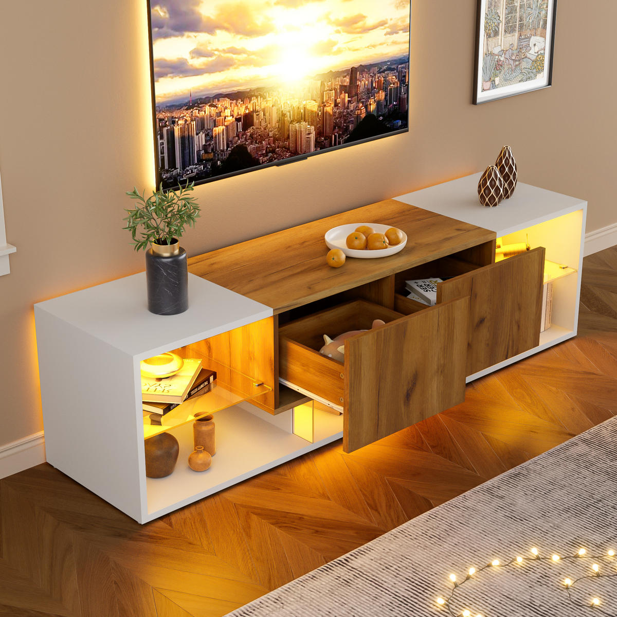 TV-ELEMENT mit LED 160 x 40 x 42 cm Weiß und Eichefarben mit 2 Schubladen - Weiß, Holzwerkstoff (40/42/160cm) - Beauniv