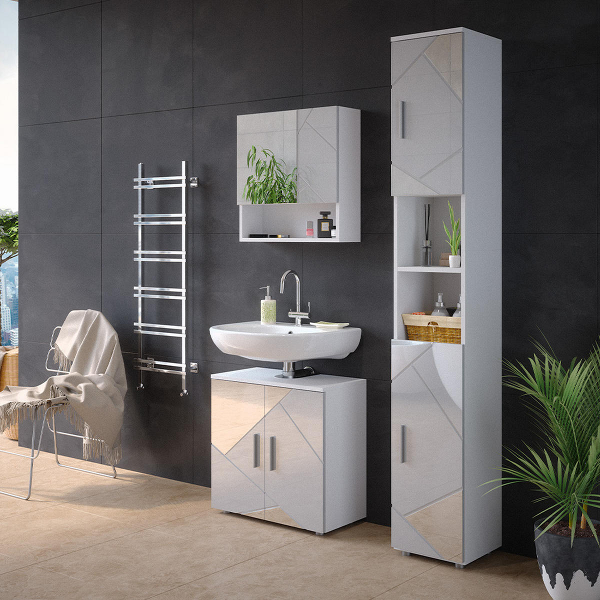 BADMÖBEL-SET Irma Weiß 3 Teile, mit Hochschrank - Weiß Hochglanz/Weiß, Holzwerkstoff (80/58.6/41cm) - Vicco