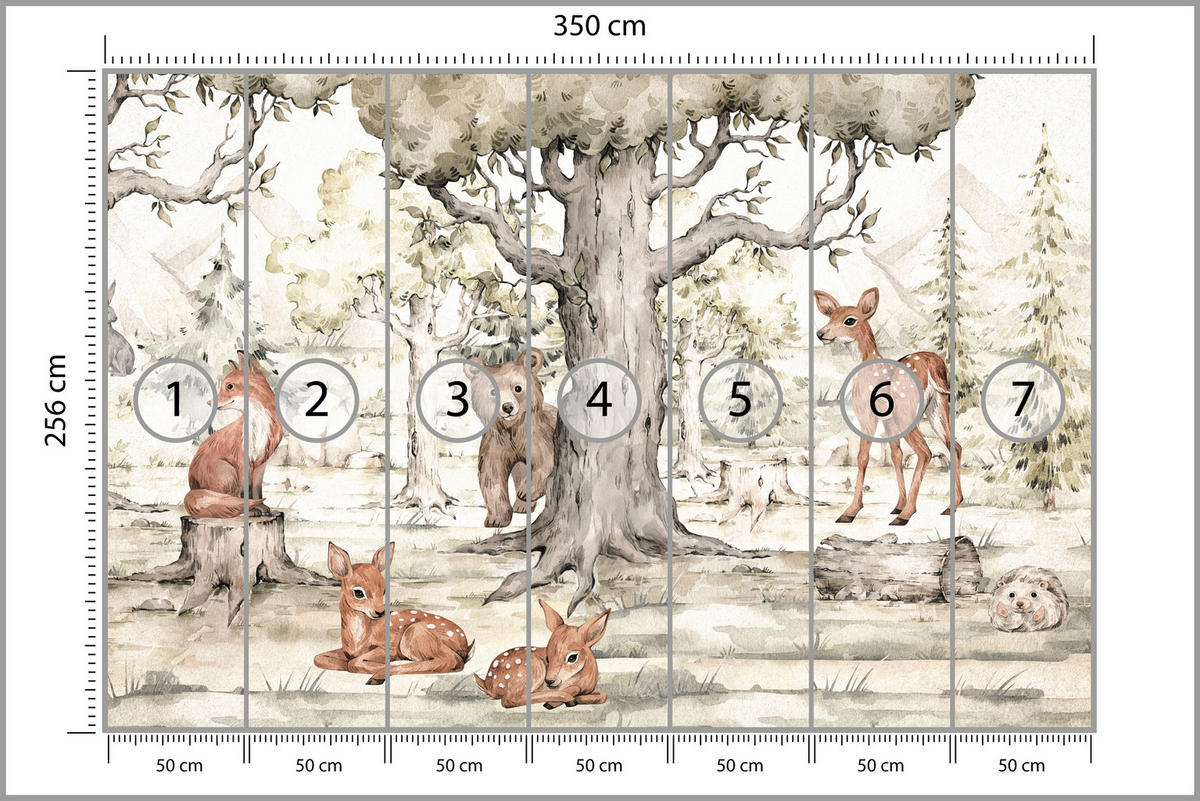 FOTOTAPETE für Kinderzimmer Waldtiere Aquarell Bär Fuchs Reh Bäume 350x256 - Beige/Orange, Papier (350/256cm) - Muralo