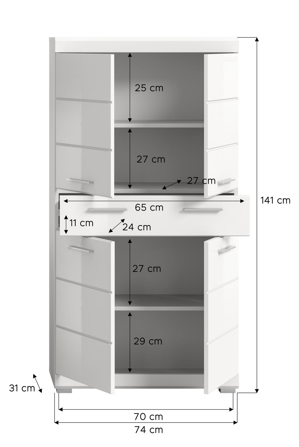 BADMIDISCHRANK Scout Bad in weiß Nachbildung und weiß hochglanz B/H/T: 74x141x31 cm - Weiß, Holz (74/141/31cm)