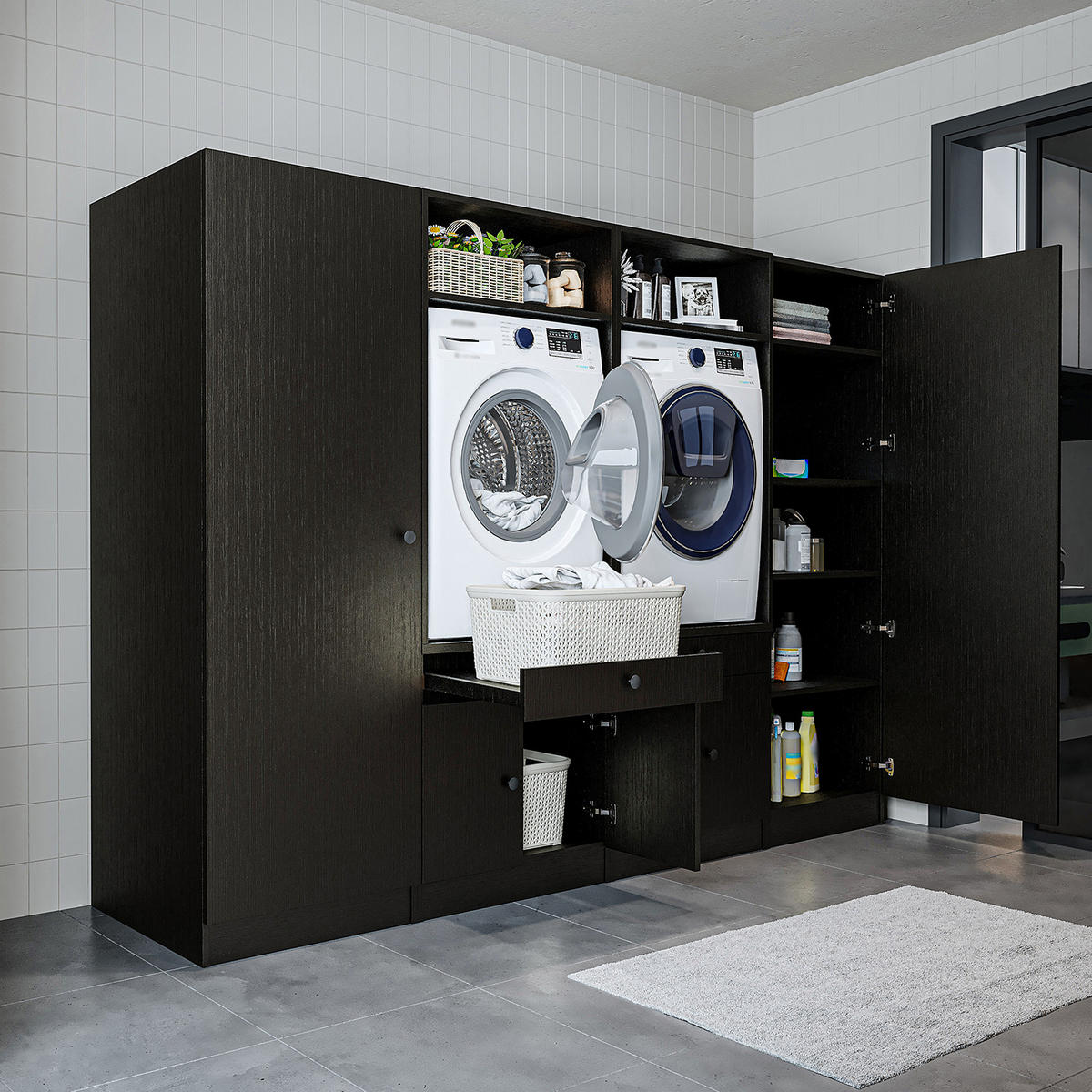 WASCHMASCHINENSCHRANK Serie 1 254cm Breit, 184cm Hoch - Schwarz, Holzwerkstoff (254/184/67cm)