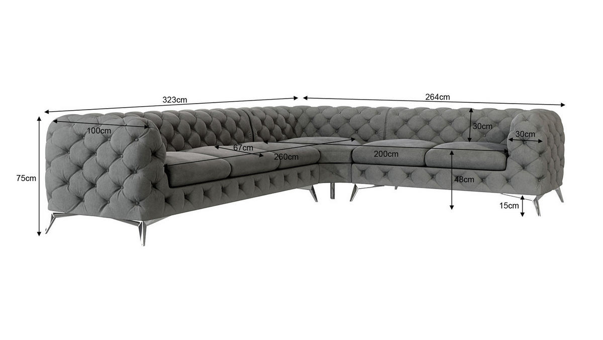 ECKSOFA Chesterfield Laura Grau Samt - Silberfarben/Grau, Holz/Textil (323/264cm) - S-Style Möbel