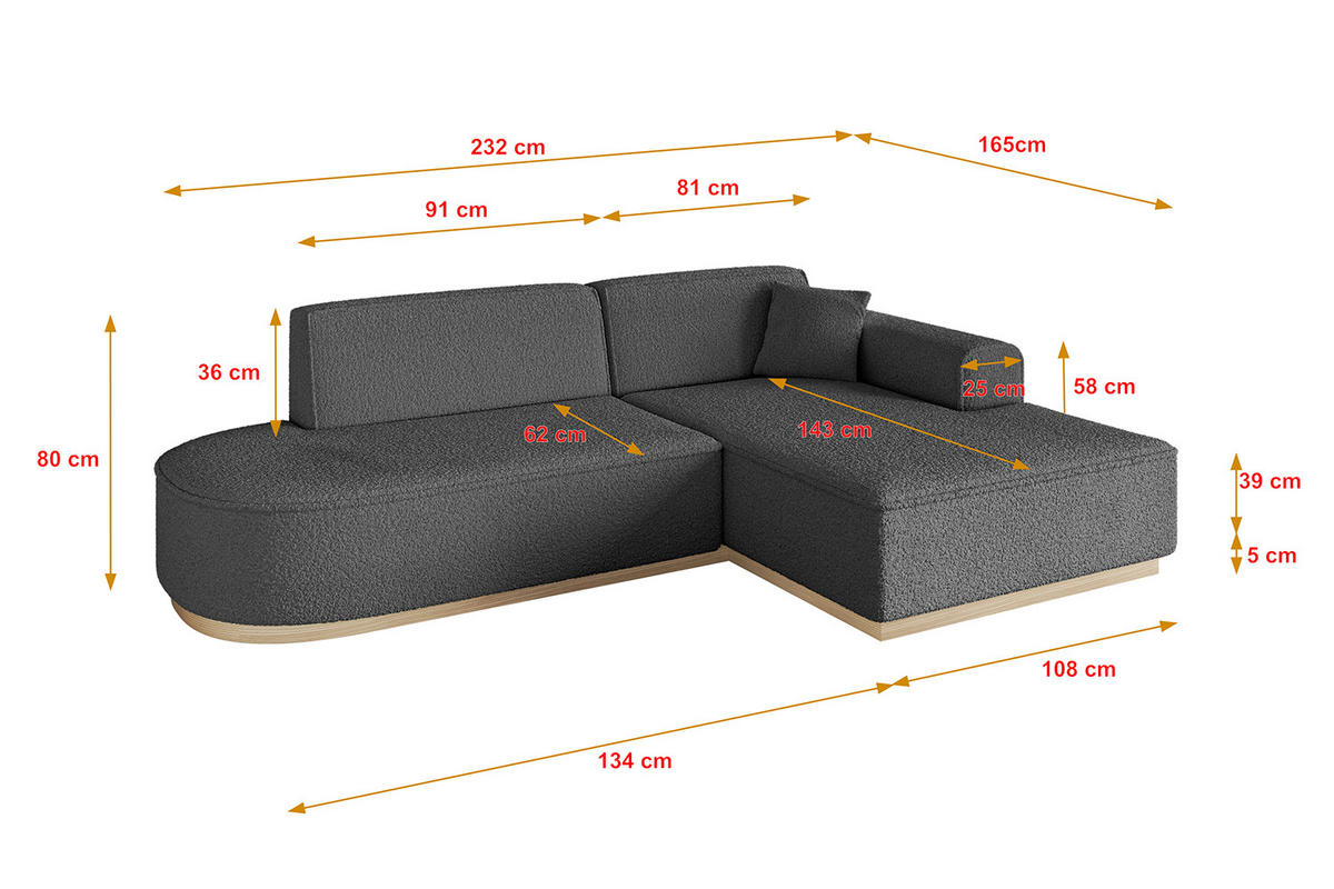 ECKSOFA Ottomane Rechts IREA-L1 - 232x165x80 cm Grau - Olivgrün, Holzwerkstoff/Textil (232/165cm) - ALTDECOR