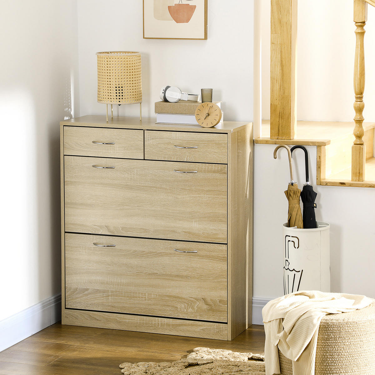 SCHUHSCHRANK DE-14988 2 Klapptüren & 2 Schubladen mit verstellbaren Böden Naturholz - Eichefarben, Holzwerkstoff (80/91.5/30cm) - ComfortXL