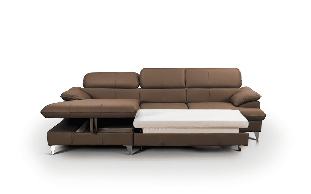 ECKSOFA mit Schlaffunktion und Bettkasten, Echtleder - Chromfarben/Hellbraun, Leder/Holz (254/167cm) - Cotta