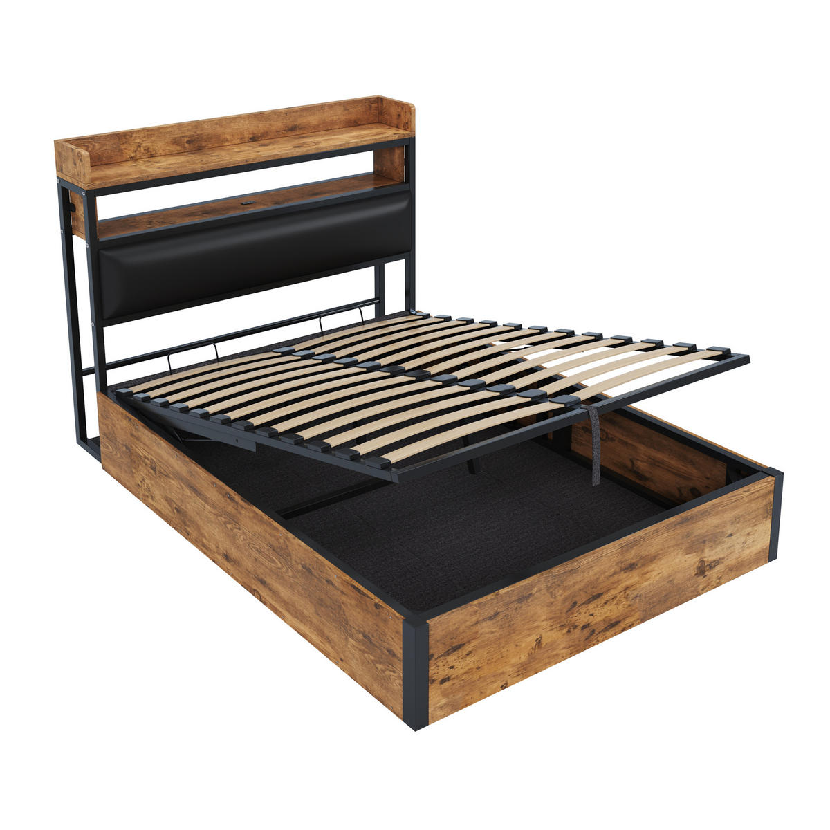 POLSTERBETT 140/200 cm in Schwarz Stoff mit Bettkasten, USB und Ablage - Schwarz, Holzwerkstoff/Textil (140/200cm) - WISHDOR