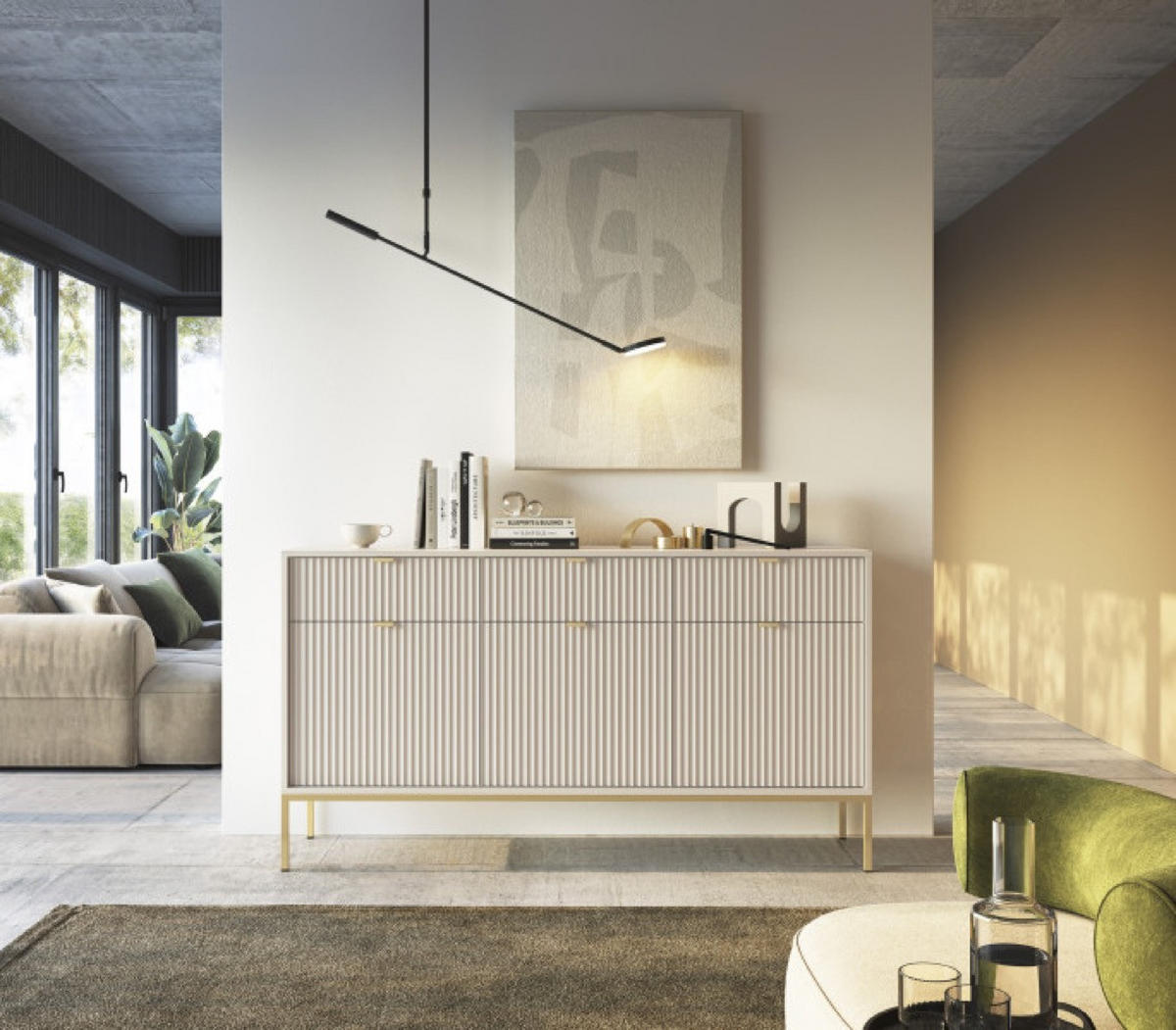 KOMMODE Kaschmir NEW KSZ154 Geriffelt Goldfarben - Ecru, Holzwerkstoff (154/83/39cm) - Sepro Meble