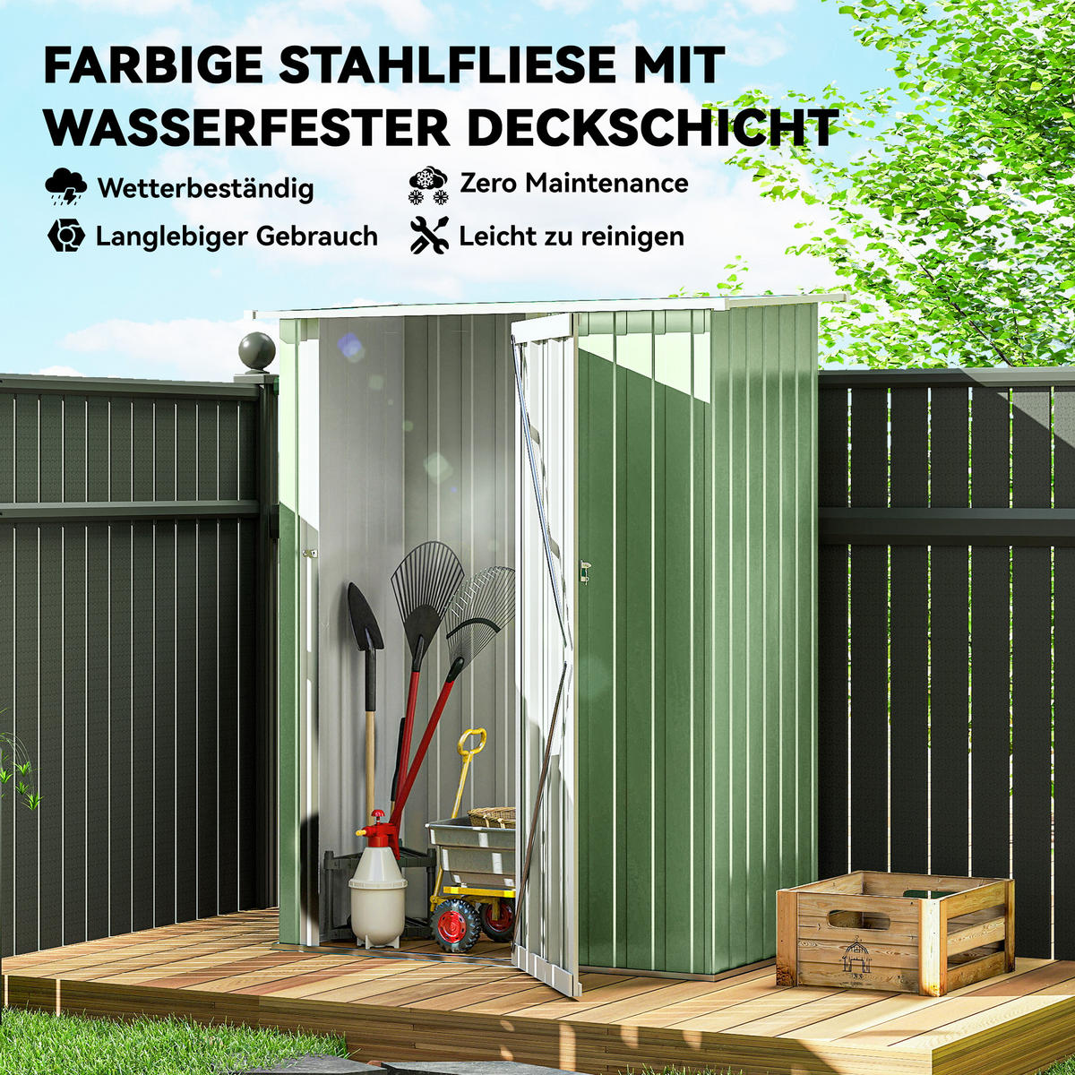 GERÄTEHAUS DE-08087 mit Pultdach und abschließbarer Tür Grün - Grün, Metall (86/189/142cm) - ComfortXL