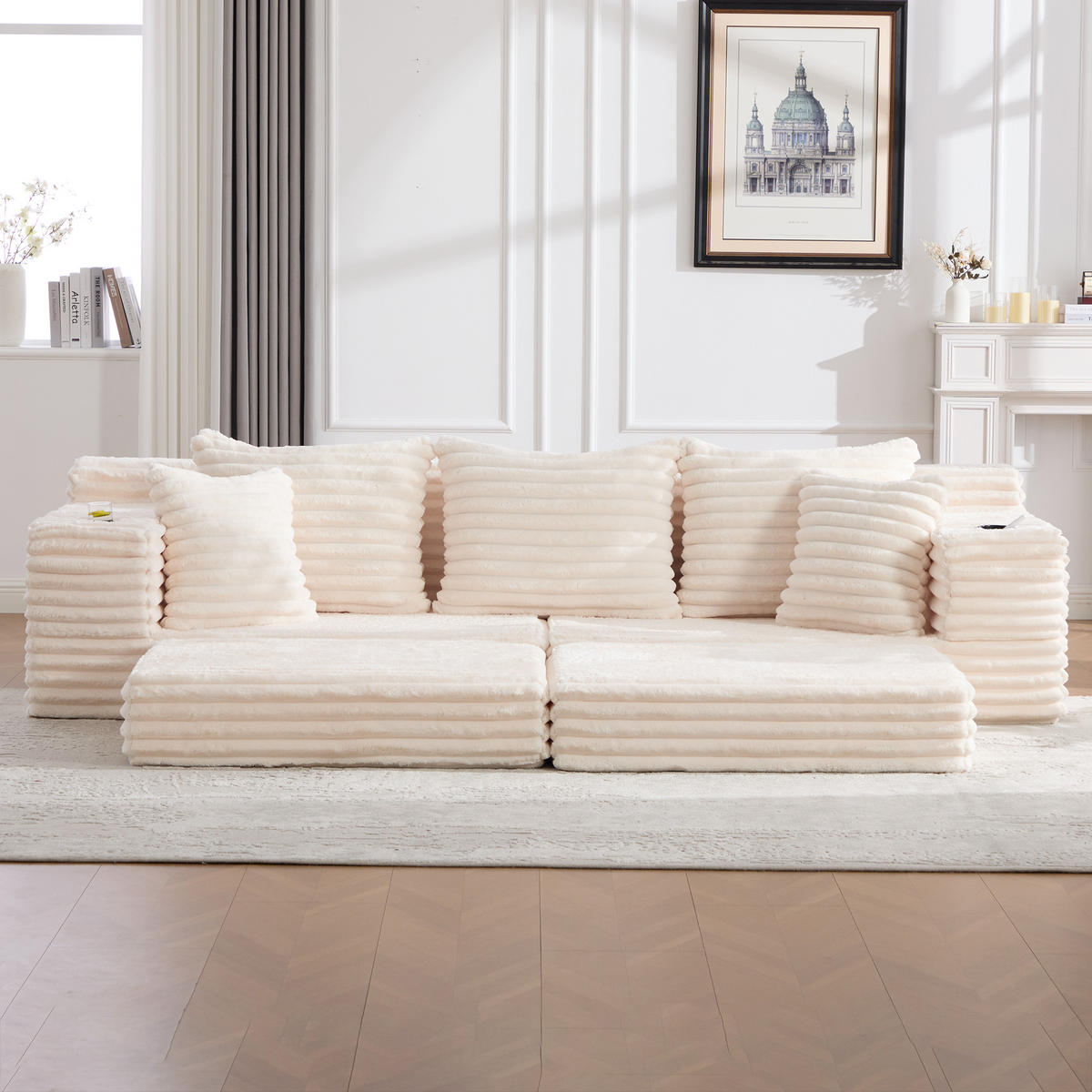 SCHLAFSOFA aus Cord mit Getränkehaltern und Kissen, Beige - Beige, Textil (107.48/34.25/38.58cm)