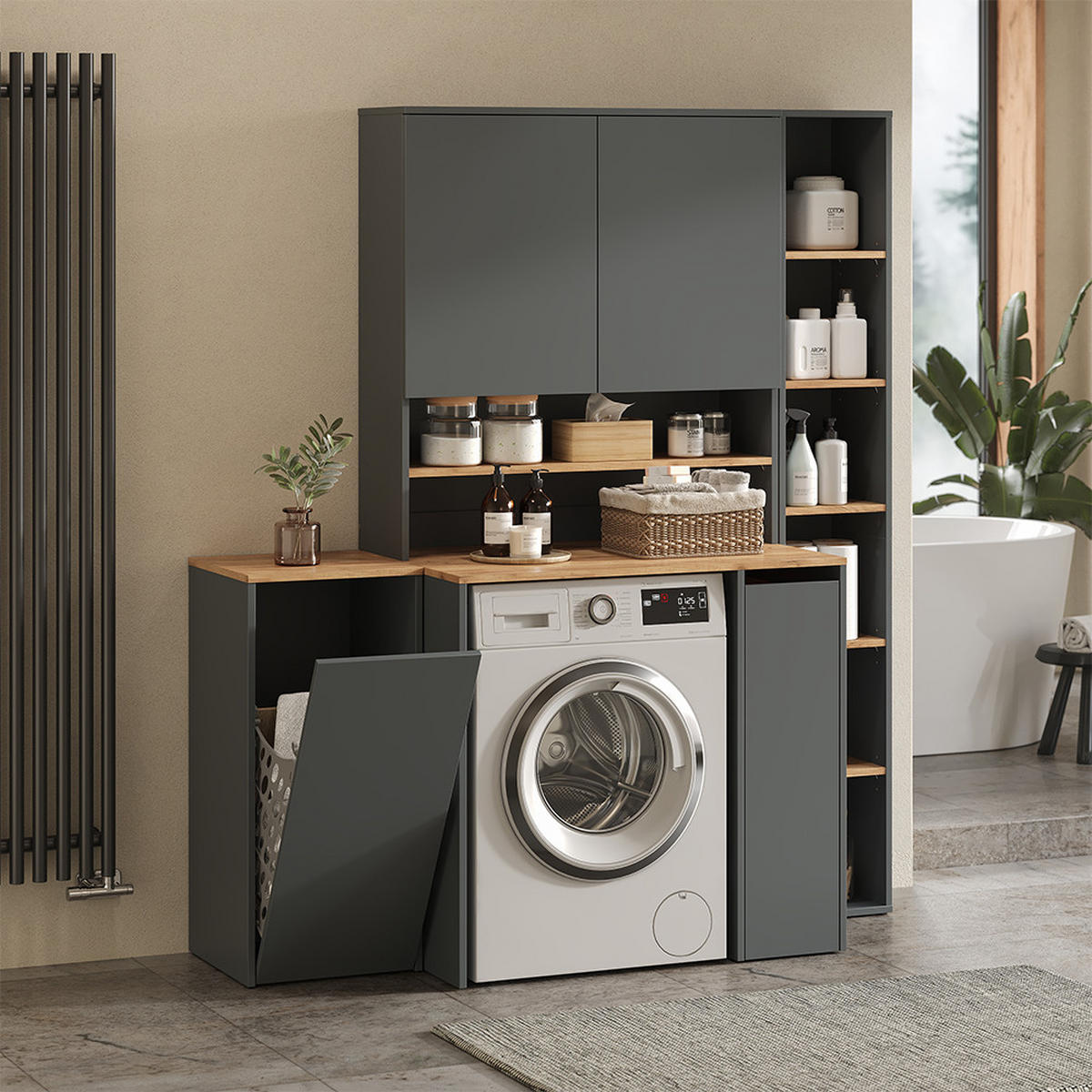 BADSCHRANK Viktor Anthrazit/Goldkraft Eiche 40.2 x 88.2 cm mit Wäschkorb - Honigeiche/Anthrazit, Holzwerkstoff (40.2/88.2/40.5cm) - Vicco