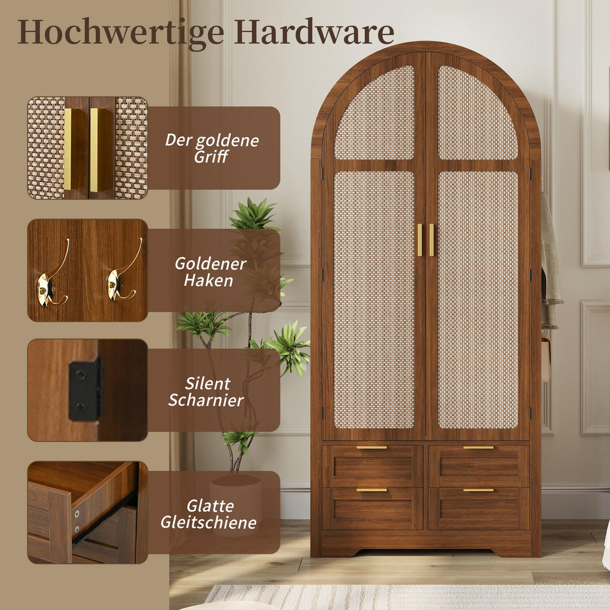 KLEIDERSCHRANK Gebogene Türen Stauraum Schubladen Schlafzimmer - Walnussfarben, Holzwerkstoff (50/179/80cm) - FLIEKS