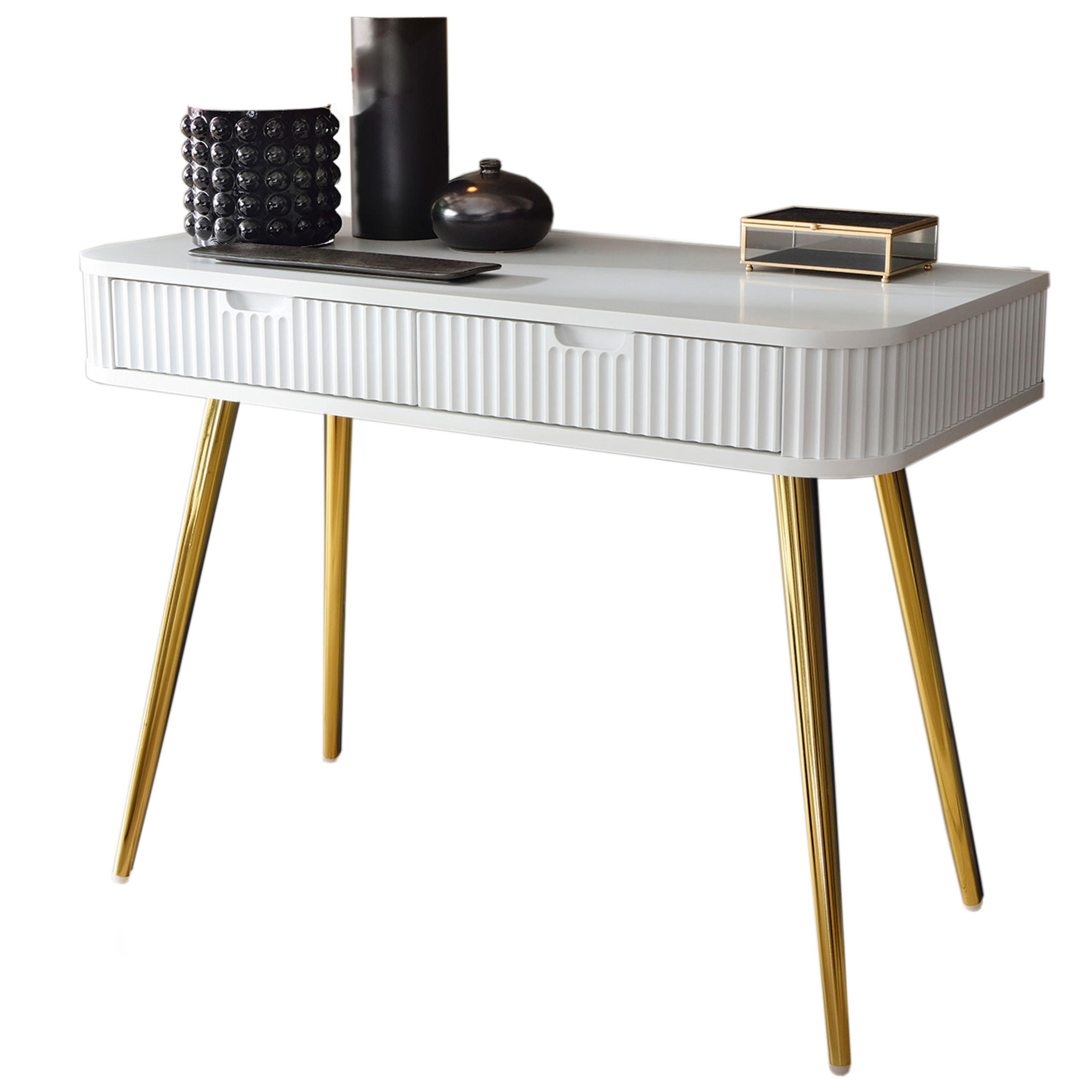 KONSOLENTISCH Zova Weiß, Goldene Beine, Schminktisch mit Schubladen - Goldfarben/Weiß, Holzwerkstoff/Metall (49/103/80cm) - Bettso