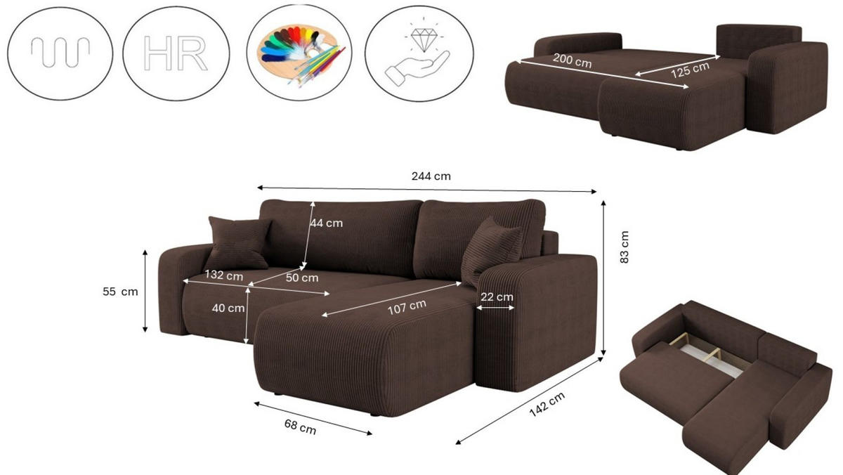 ECKSOFA L-FORM Schlaffunktion Und Bettkasten Eckcouch MILANO L Stoff Dicker Cord Braun Rechts - Braun, Holz/Textil (244/142cm) - Kaiser Möbel