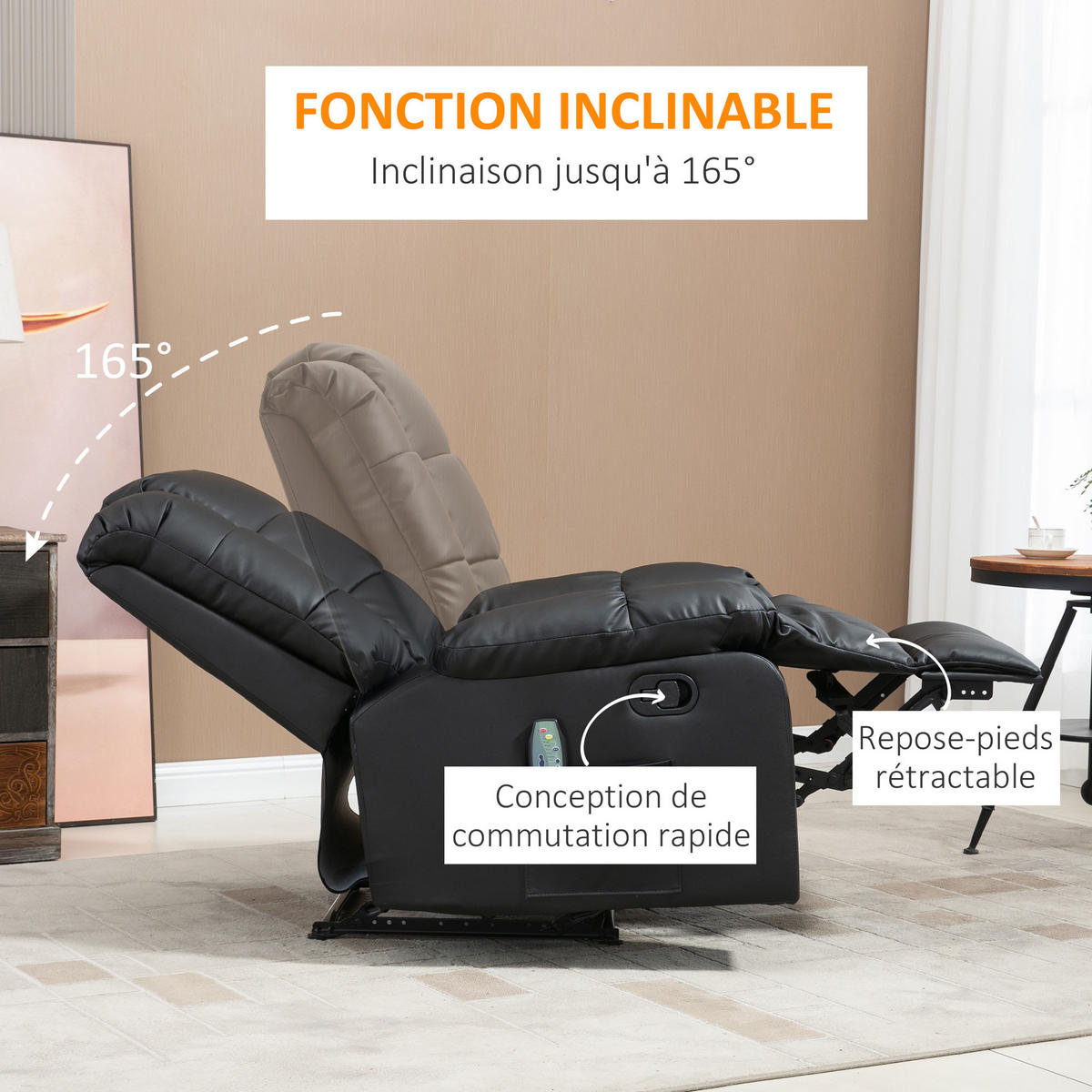 MASSAGESESSEL Schwarz mit Massagefunktion und Liegefunktion 94/99/99 cm - Schwarz, Leder (94/99/99cm) - PANGIVO