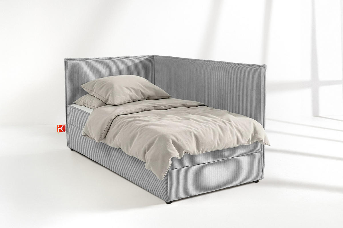 JUGENDBETT ROTI Einzelbett mit Bettkasten, 90x200cm, Bett mit Bonellmatratze, mit Rückenlehne - Hellgrau/Schwarz, Holz/Holzwerkstoff (92/200cm) - KONSIMO®