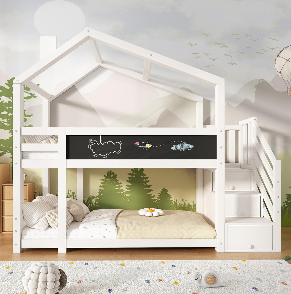 HAUSBETT 90/200 cm in Weiß mit Stauraum, Wandtafel und 2 Lattenrosten - Weiß, Holzwerkstoff (90/200cm) - BEAOK