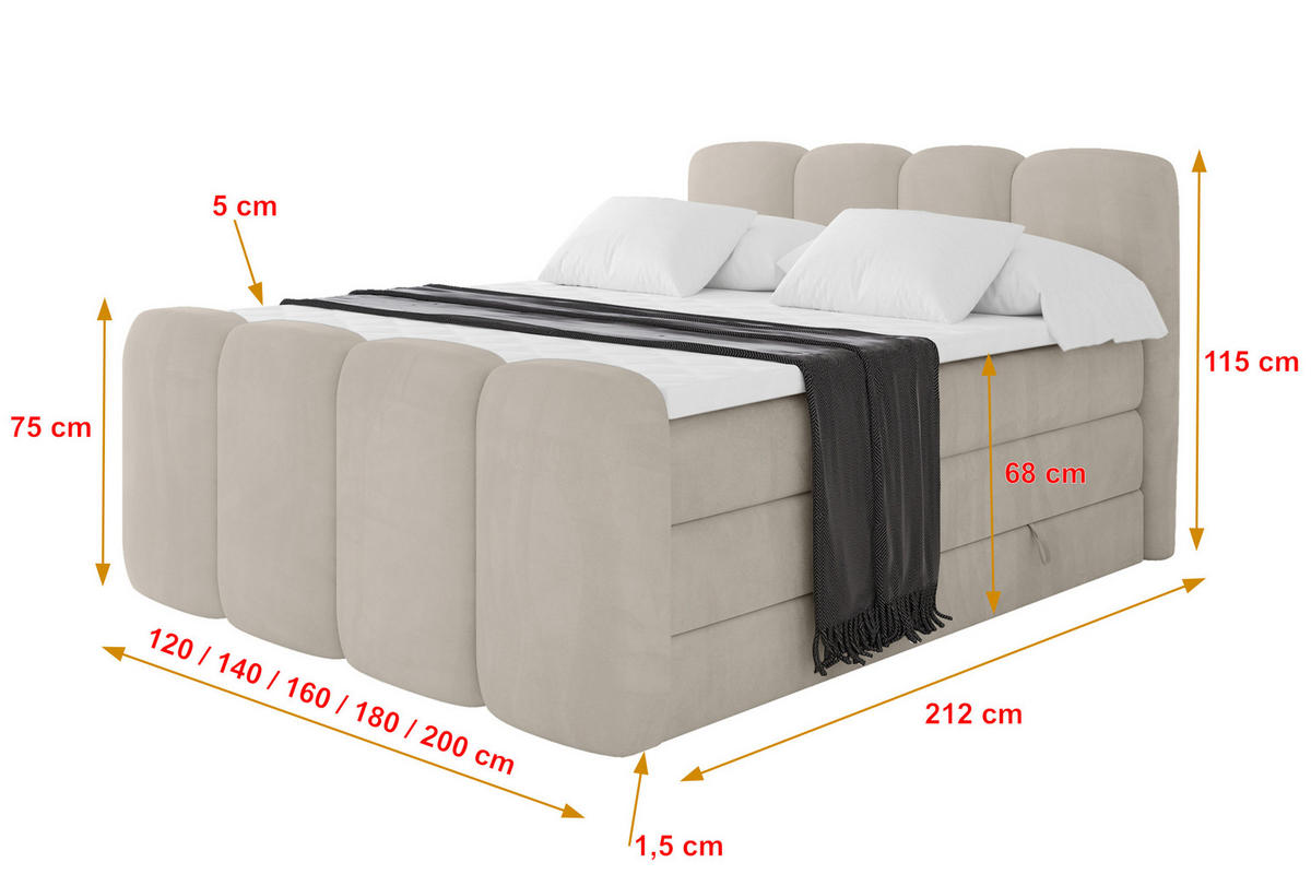 BOXBETT mit Matratze H3|H4 - NINA-Z KING - 160x200 cm - Beige - Champagner, Holzwerkstoff (160/200cm) - ALTDECOR