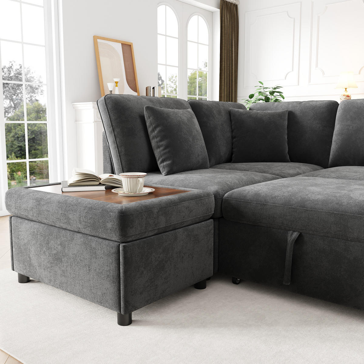 ECKSOFA mit Schlaffunktion Stauraumhocker USB/Type-C Chenille Grau - Grau, Textil (247.5/172cm) - EVRYAE