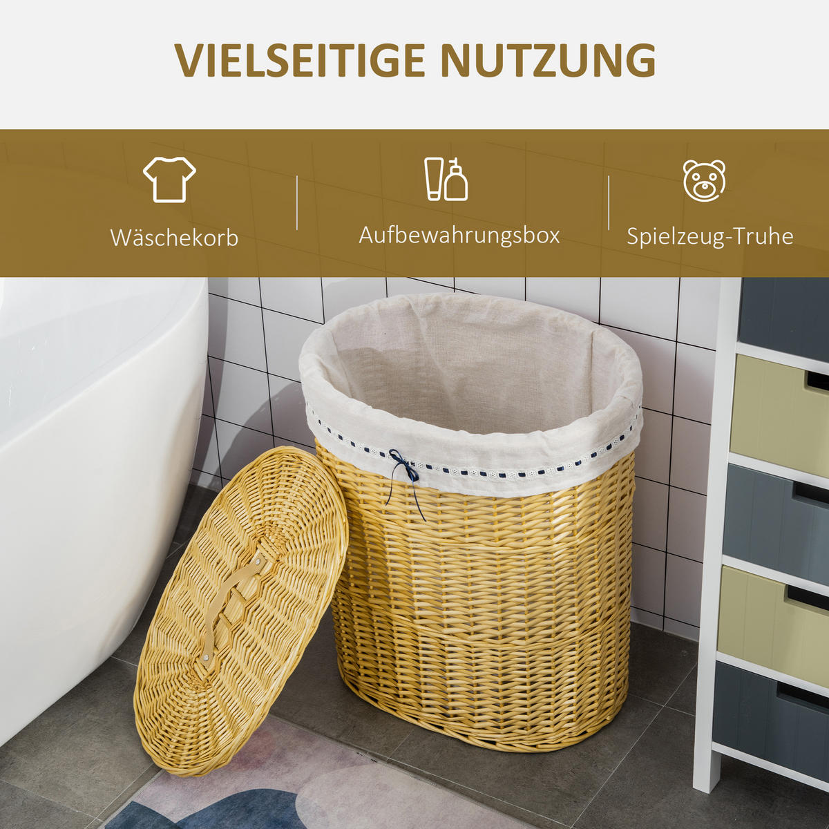 WÄSCHEKORB, Weidenrute, Naturholz - Naturfarben, Holz (38/57/51cm) - HOMCOM