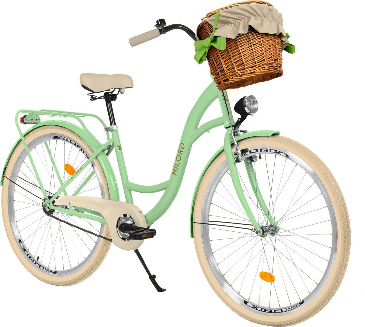 CITY-FAHRRAD Milord mit Weidenkorb, 28 Zoll, Mintze, 1-Gang - Creme/Grün, Metall (46cm) - Milordbikes
