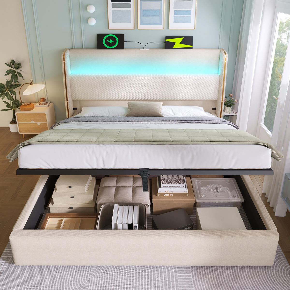 BETT mit Stauraum und LED 140x200 cm Leinenoptik Beige - Beige, Metall (140/200cm) - Meubliv