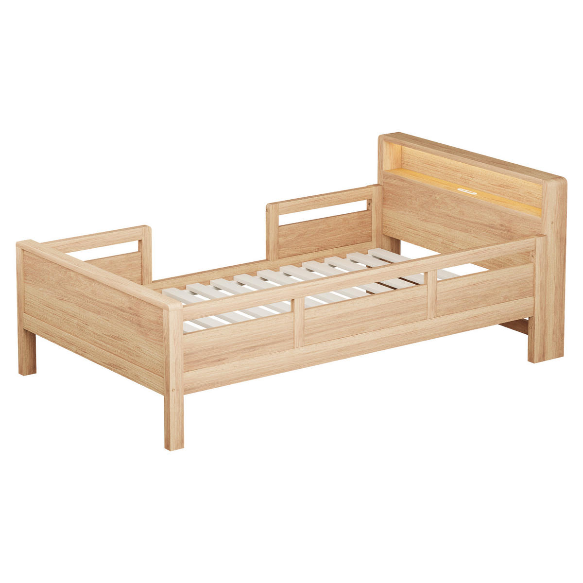 KINDEREINZELBETTEN aus Kiefernholz 90x200 cm in Natur mit LED & Ladeanschluss - Naturfarben, Holzwerkstoff (90/200cm) - Modfu
