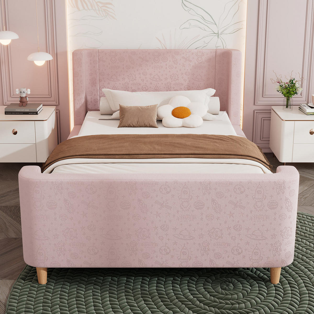 POLSTER-KINDERBETT 90x200cm Schlittenbett Kosmisches Muster Samt Rosa - Pink, Holz - FLIEKS