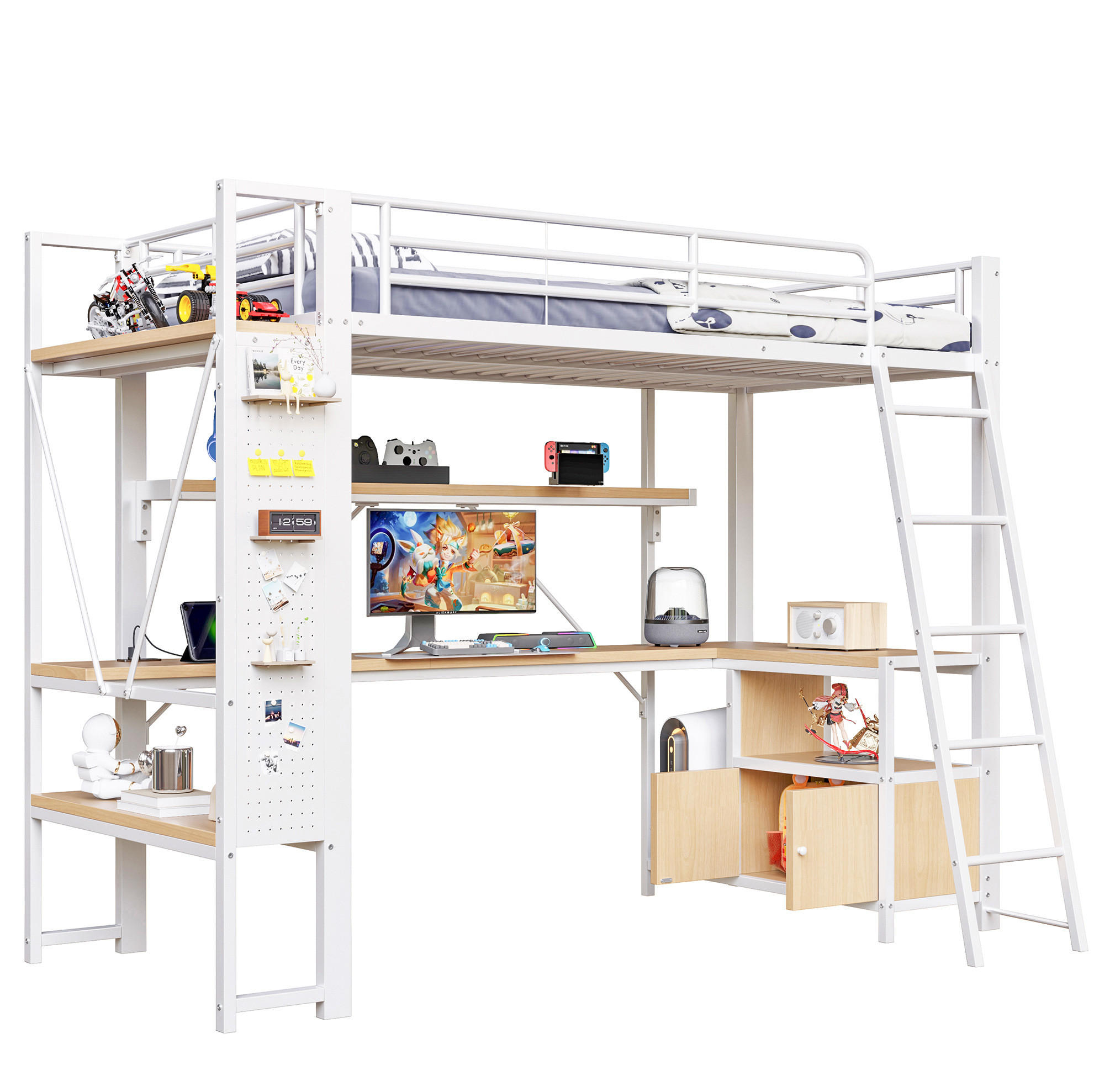 HOCHBETT 90/200 cm aus Metall/MDF mit Schreibtisch, LED-Lichtleiste und Stauraum Weiß - Weiß, Metall (90/200cm) - Modenvie