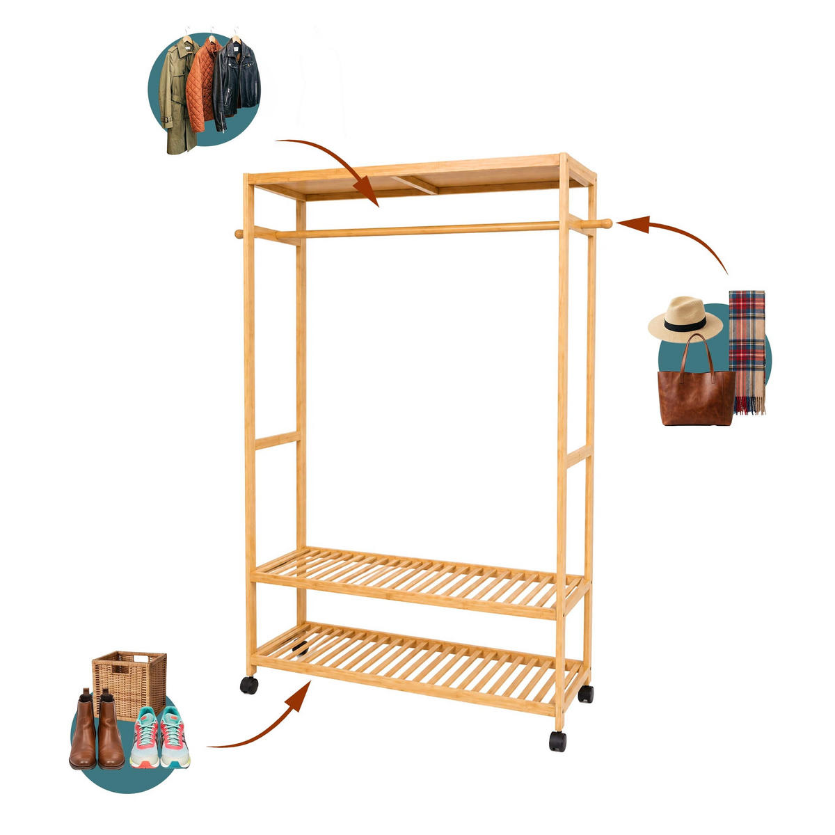 KLÄDSTÄLLNING Natur bambu med hjul - Ljusbrun, Trä/Plast (100/160/35cm) - Relaxdays