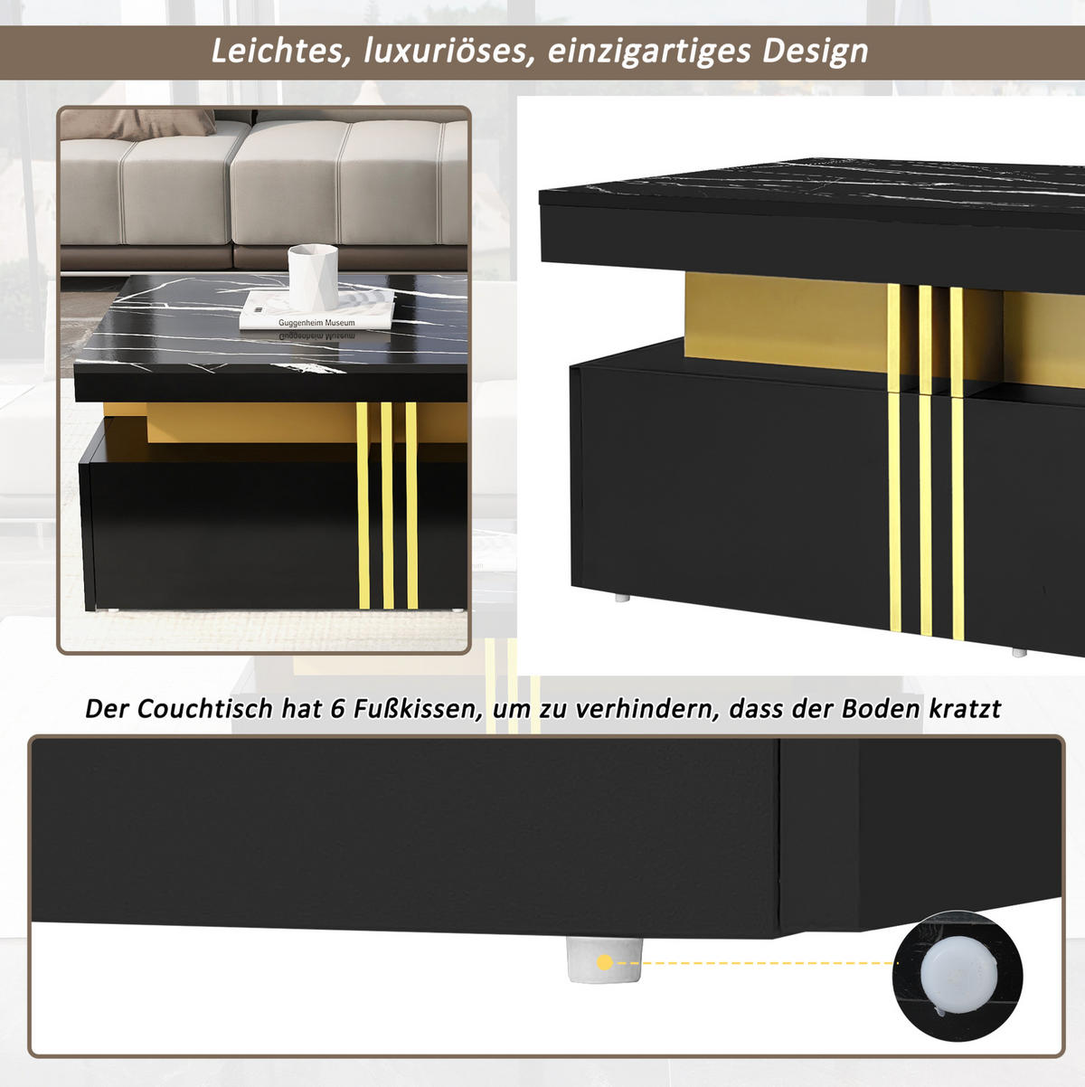 TV-ELEMENT aus Spanplatte 200x40x42 cm Schwarz mit Couchtisch, Schubladen und Marmor-Optik - Schwarz, Holzwerkstoff (100/40/50cm) - Modfu