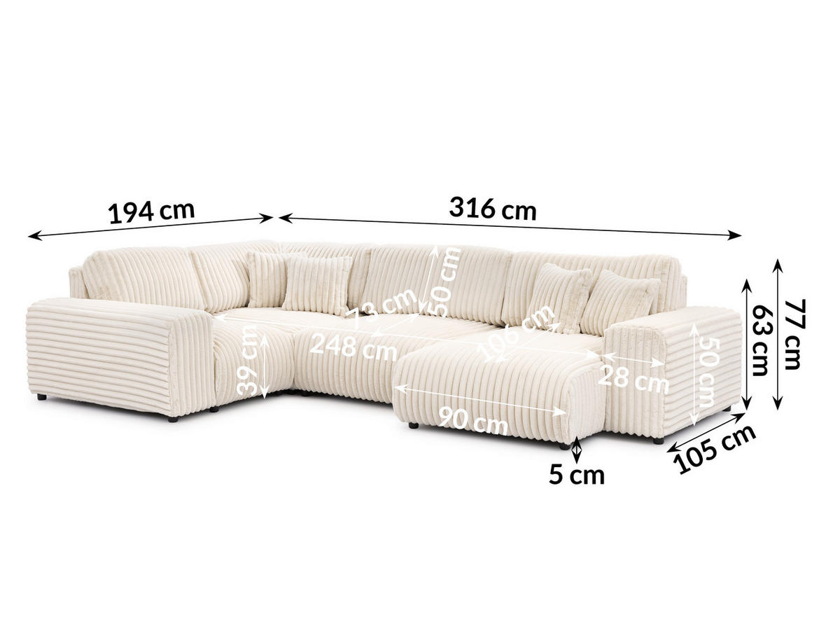 WOHNLANDSCHAFT Mollis Hellbeige Plüschcord im XXL-Format - Ottomane Rechts - Beige/Schwarz, Holz/Kunststoff (316/77/194cm) - S-Style Möbel