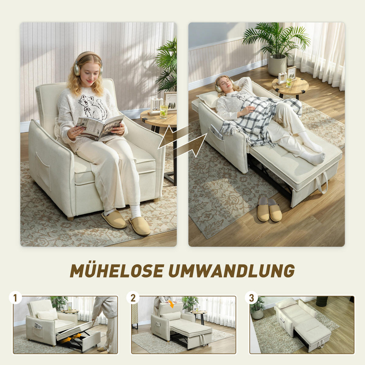 SCHLAFSESSEL 3 in 1 Umwandelbarer Sessel mit Bettfunktion, Lendenkissen, Creme - Eukalyptusholzfarben/Creme, Holz/Textil (84/87/88cm) - HOMCOM