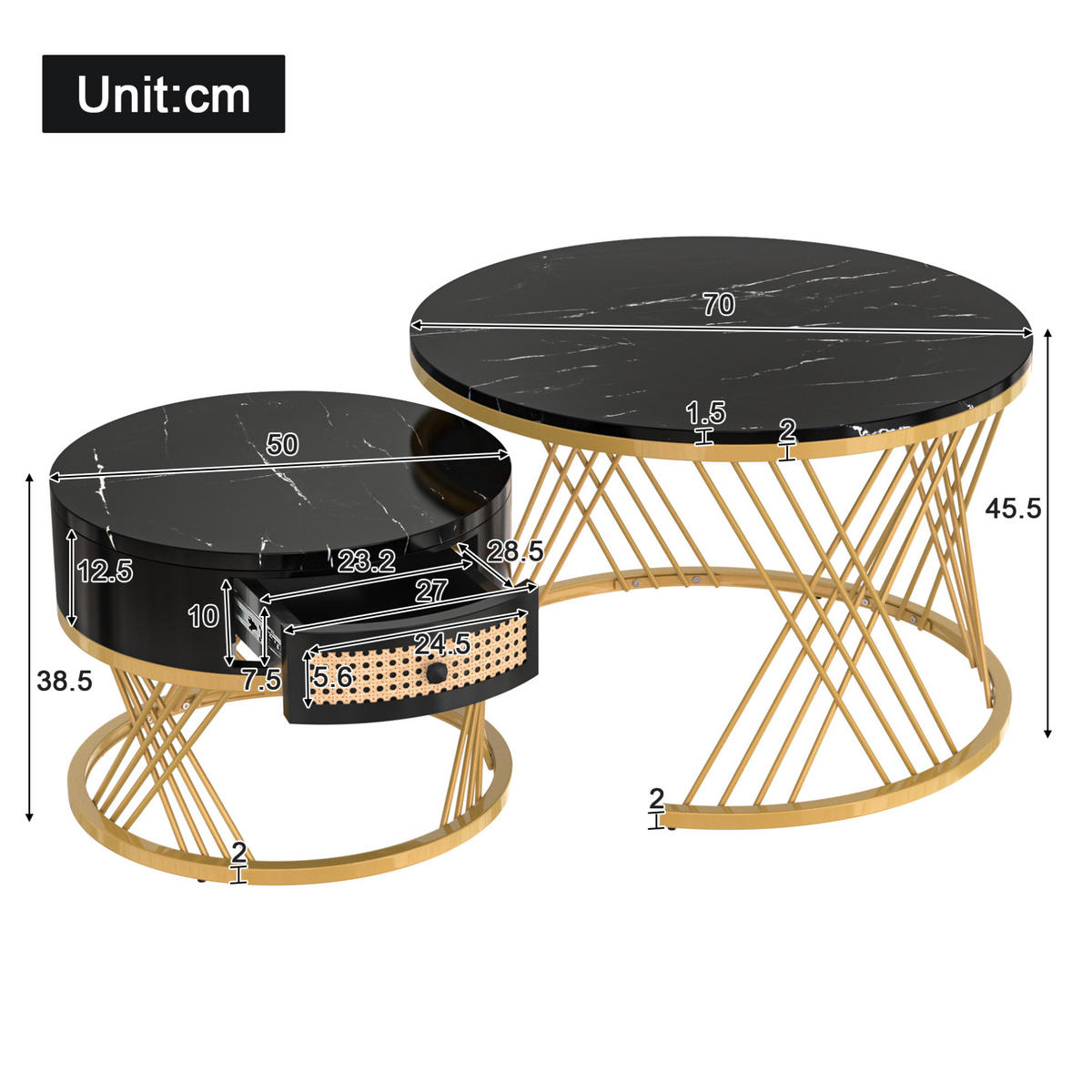 COUCHTISCH-SET aus MDF 70x70x45,5 cm Schwarz/Gold mit Schublade und Marmormuster - Schwarz, Holzwerkstoff (70/70/45.5cm) - IVMEU