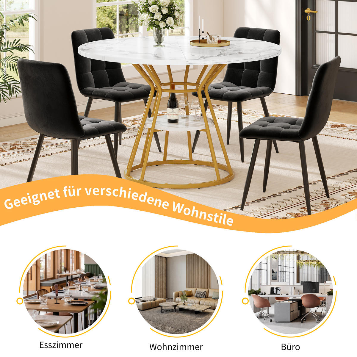 ESSTISCH, MDF in Marmoroptik mit Ablagefläche & Metallgestell, Ø 100/76 cm, Gold - Goldfarben, Holzwerkstoff (100/100/76cm) - Redom