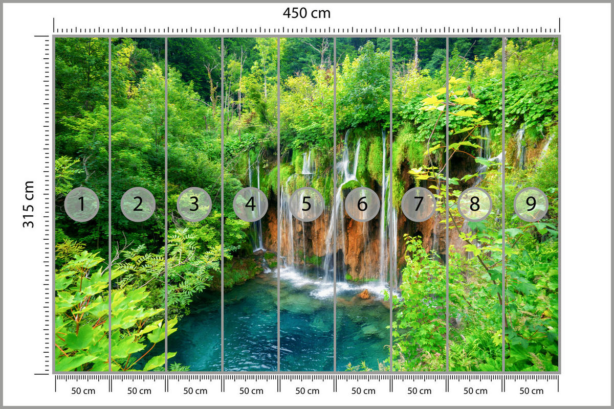 FOTOTAPETE für Esszimmer Exotischer Wasserfall Dschungelwald 450x315 - Türkis/Braun, Papier (450/315cm) - Muralo