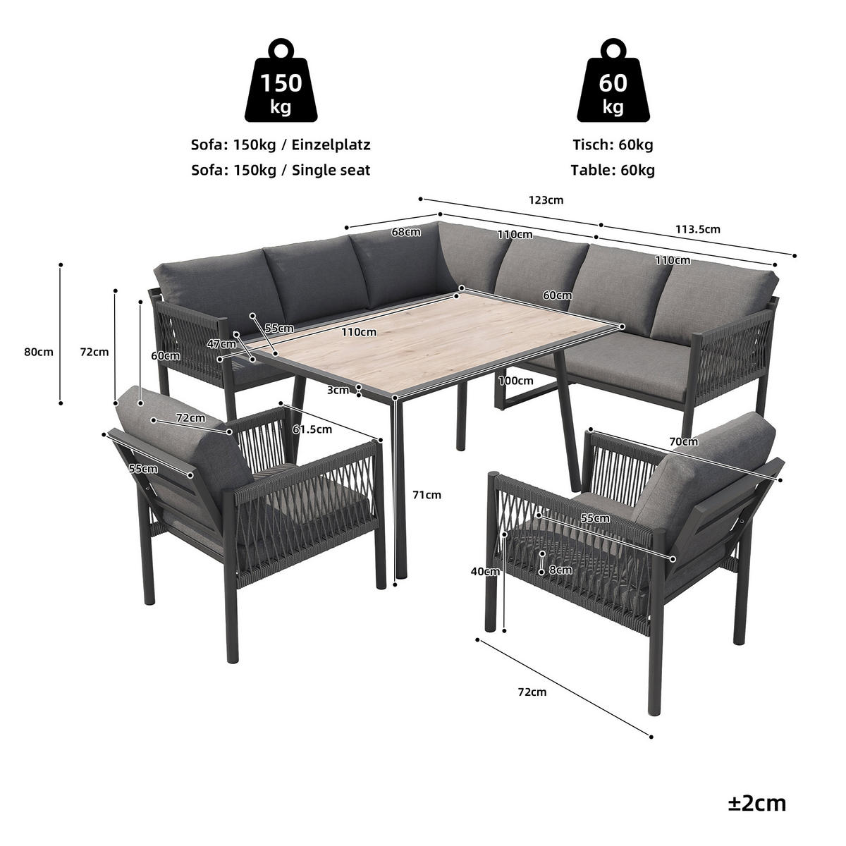 GARTENLOUNGE Grau 7-8 Personen L-Form Sofa Tisch 2 Sessel - Grau, Metall - FLIEKS