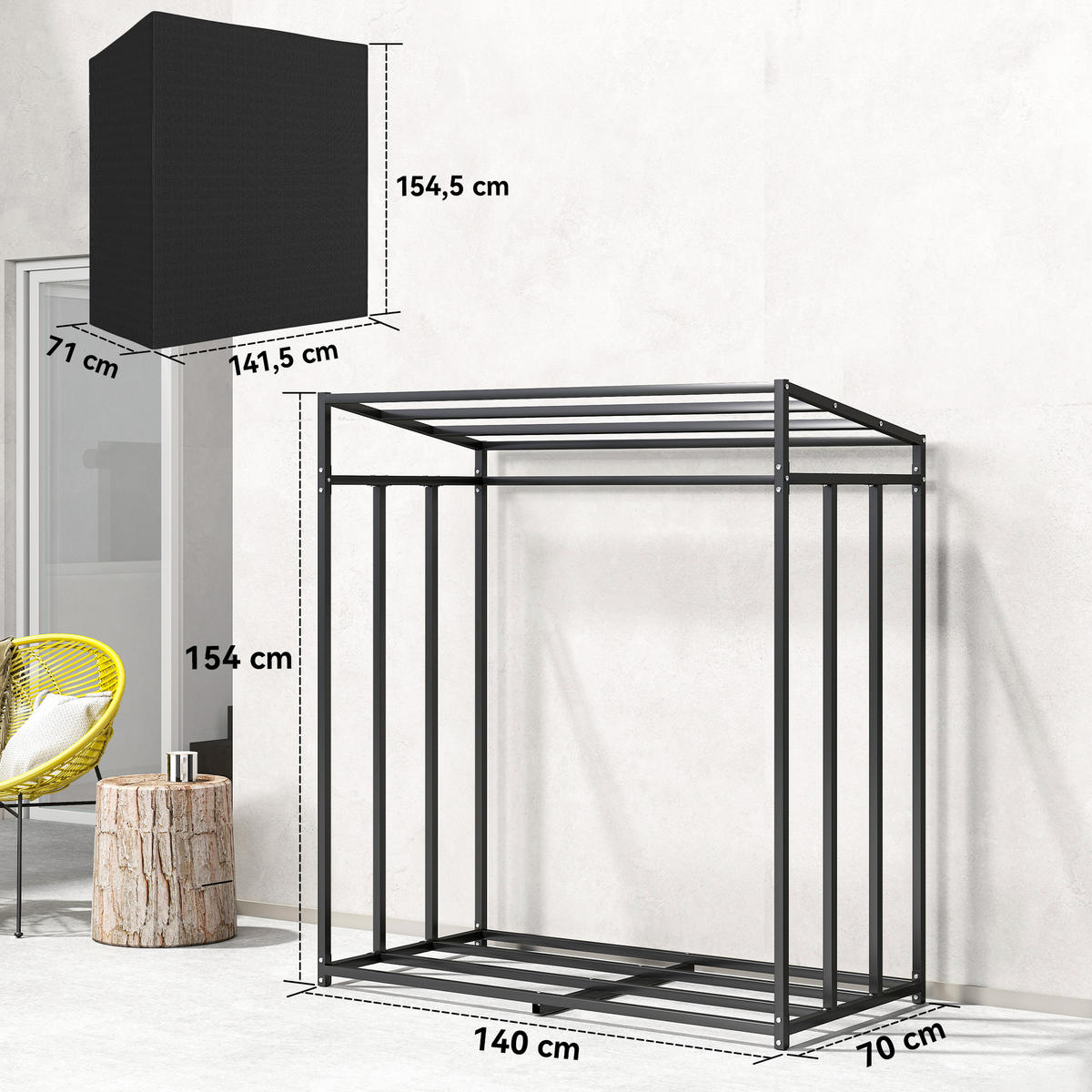 KAMINHOLZREGAL Metall 140 x 70 x 154 cm Aussen Brennholzregal mit Abdeckung - Schwarz, Textil/Metall (70/154/140cm) - Outsunny