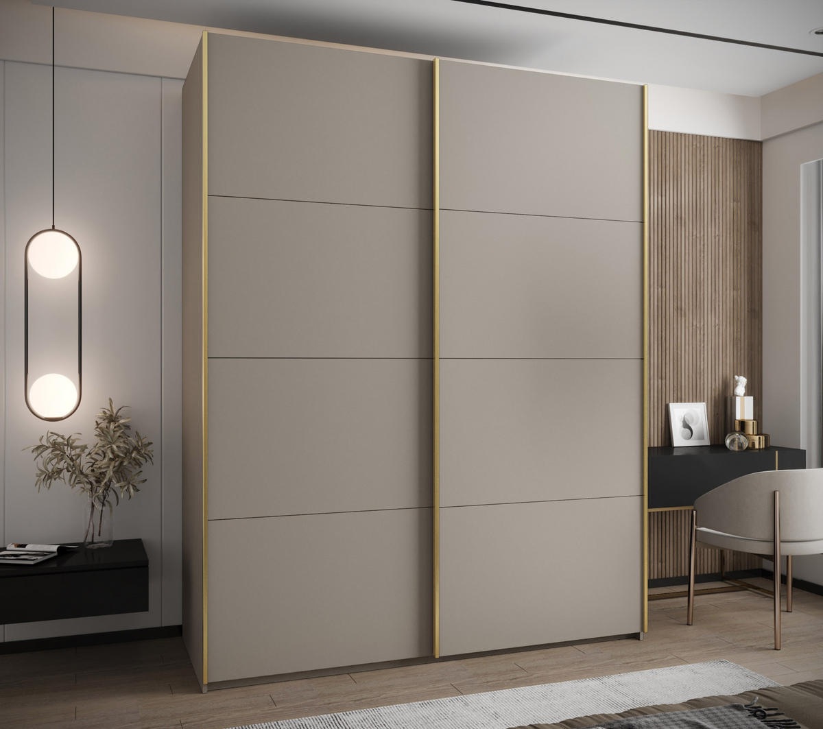 SCHWEBETÜRENSCHRANK 245,5/200/64 2-türig - Kaschmir/Goldfarben, Holz/Metall (200/245/64cm) - Abiks Möbel