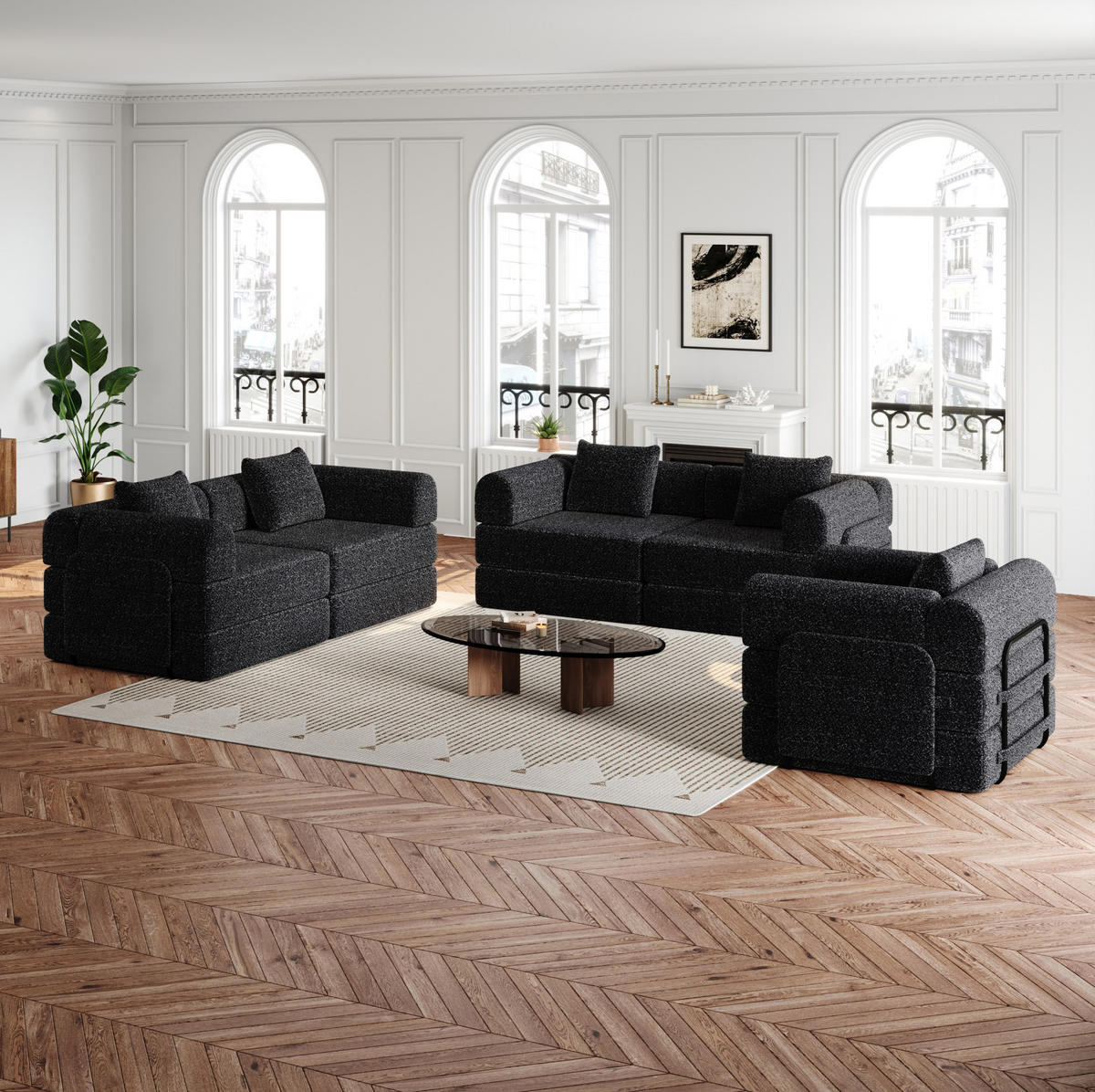 SCHLAFSOFA 2-in-1 aus Chenille mit Armlehnen-Staufach, 183,8/274/69,8 cm, Schwarz - Schwarz, Textil (183.8/69.8/274cm) - Redom