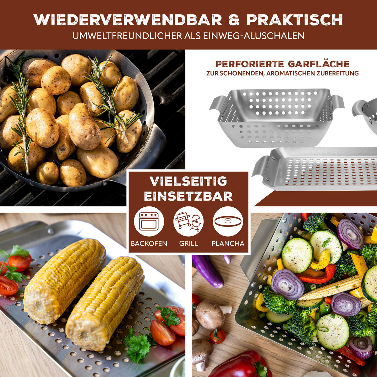 GRILLKÖRBE 3er-Set, silber, Metall - Edelstahlfarben, Metall (18.5/32/1.5cm) - bremermann