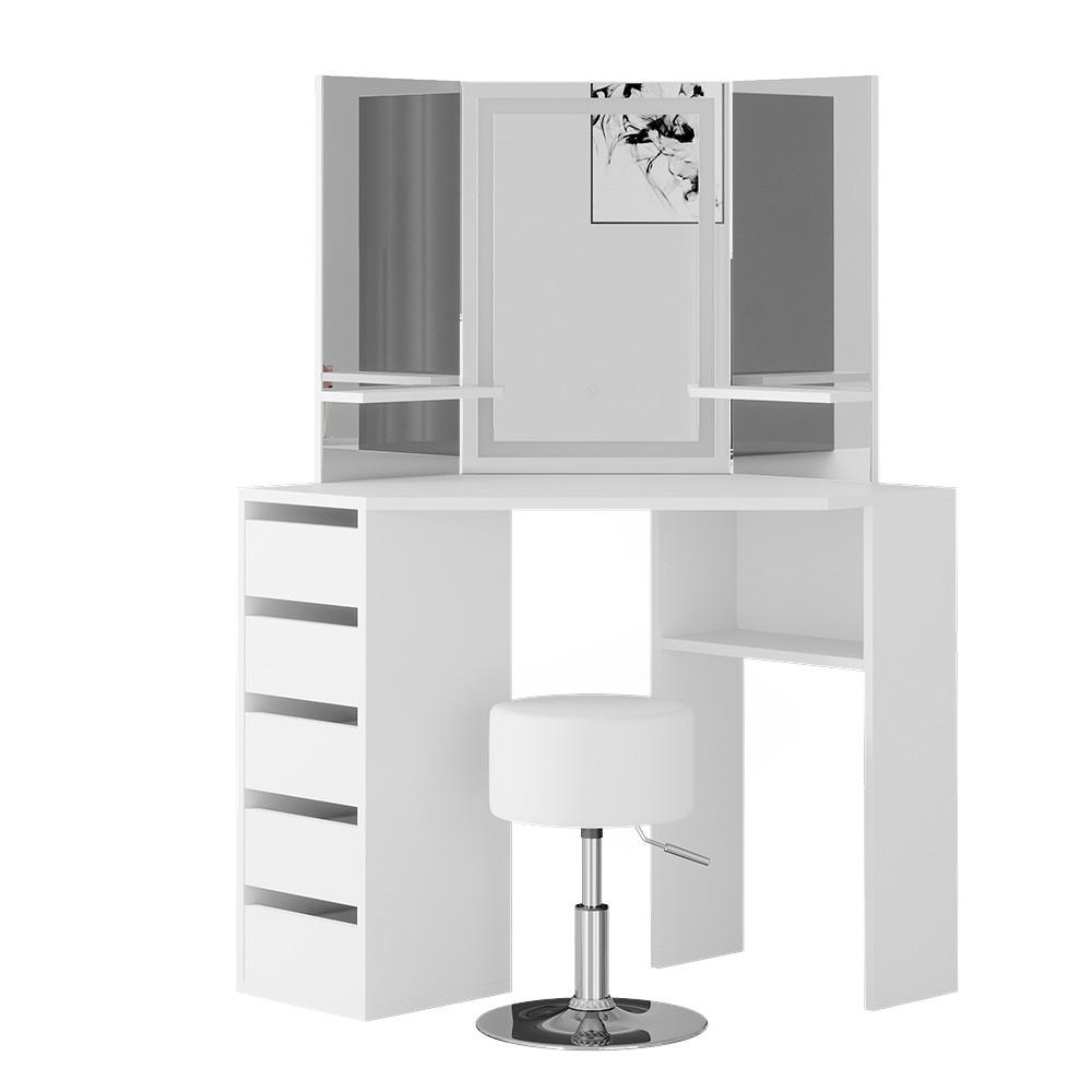 ECKSCHMINKTISCH Arielle Weiß 110 cm mit LED-Spiegel und Hocker - Weiß, Holzwerkstoff (110/141.5/54cm) - Vicco