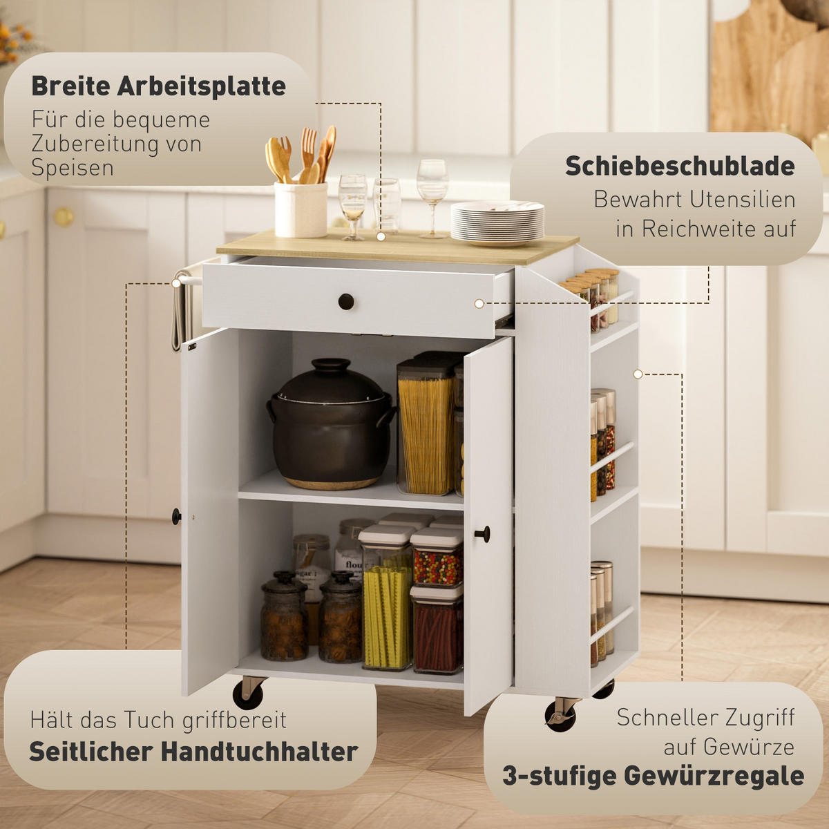 KÜCHENINSEL Mit Arbeitsplatte Eichenholzdekor, Für Die Küche, 82/38/86,5 cm - Weiß, Holzwerkstoff (38/86.5/82cm) - Rolipo