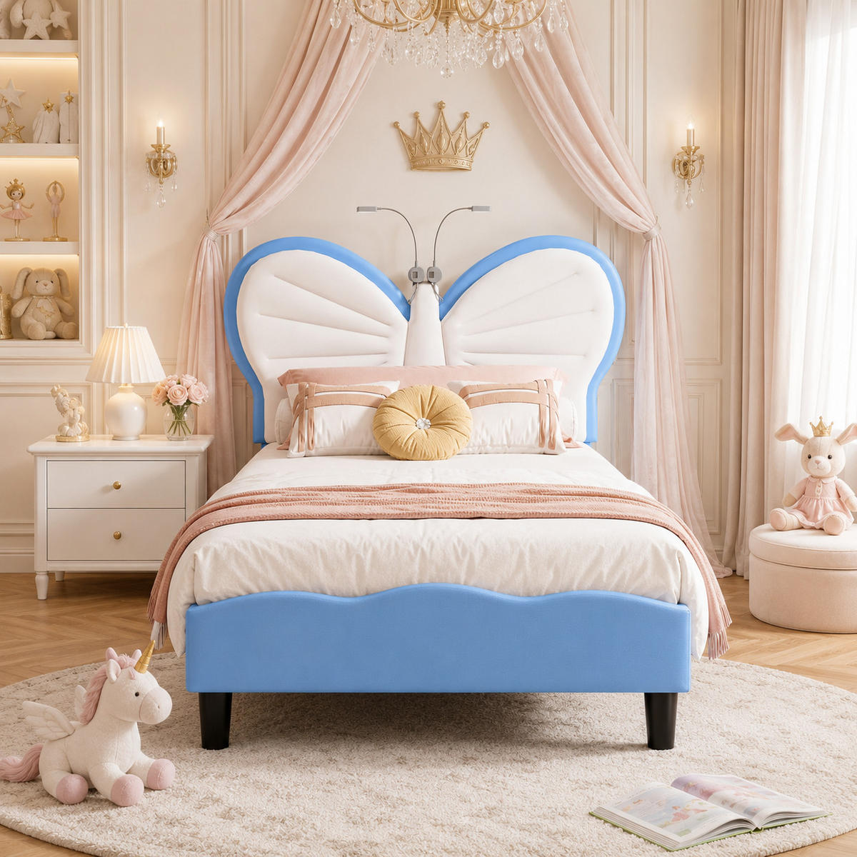 KINDERBETT 90/190 Blau Schmetterling Polsterbett mit LED-Leseleuchte - Hellblau, Metall (90/190cm) - Joyfair