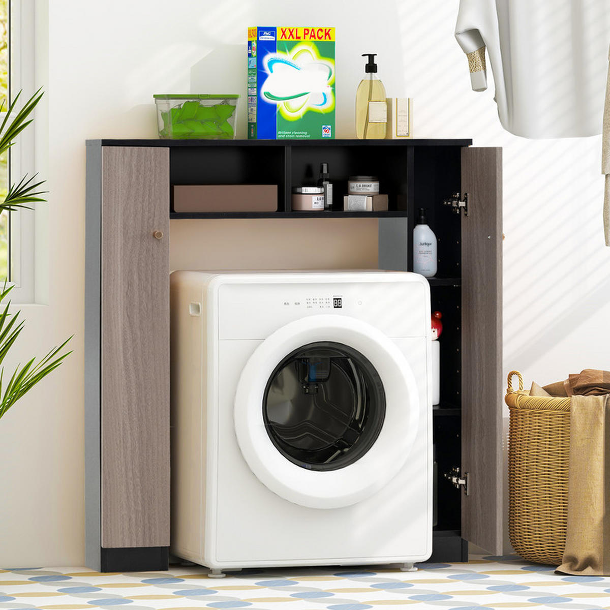 TOILETTENREGAL mit höhenverstellbaren Regalböden schwarz - Schwarz, Holzwerkstoff (87.5/98/18cm) - COSTWAY