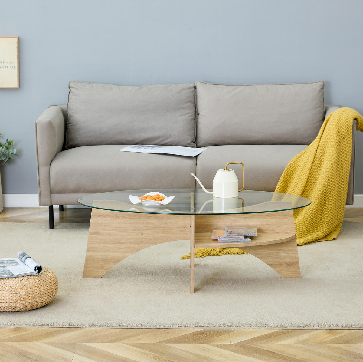 COUCHTISCH 104.9/60 cm Transparent/Holz aus MDF und Sicherheitsglas mit Ablage - Transparent, Glas (104.9/60/35.6cm) - OKMYHOME