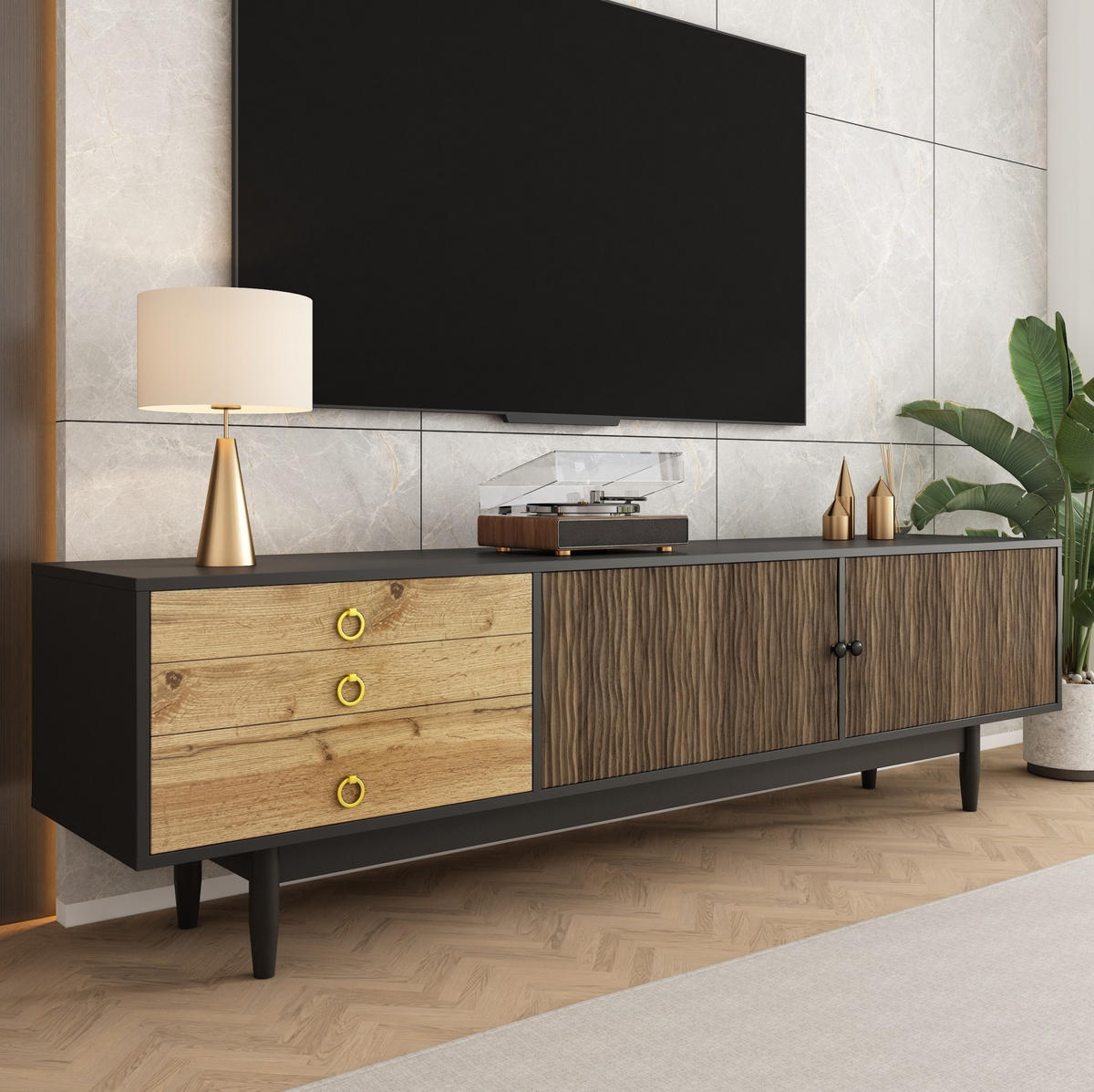 TV-LOWBOARD aus MDF und Spanplatte 180x38x50 cm Schwarz/Natur mit 2 Türen, 3 Schubladen und Wellenmuster - Schwarz, Holzwerkstoff (180/38/50cm) - Modfu