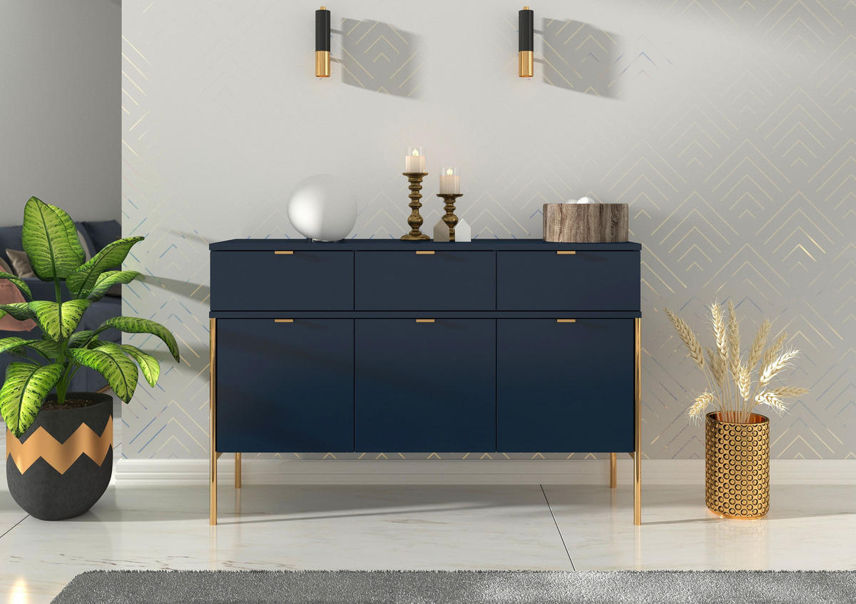 SIDEBOARD Polka, Marineblau, Goldene Details - Goldfarben/Dunkelblau, Holzwerkstoff/Metall (120/78/37cm) - Skandica