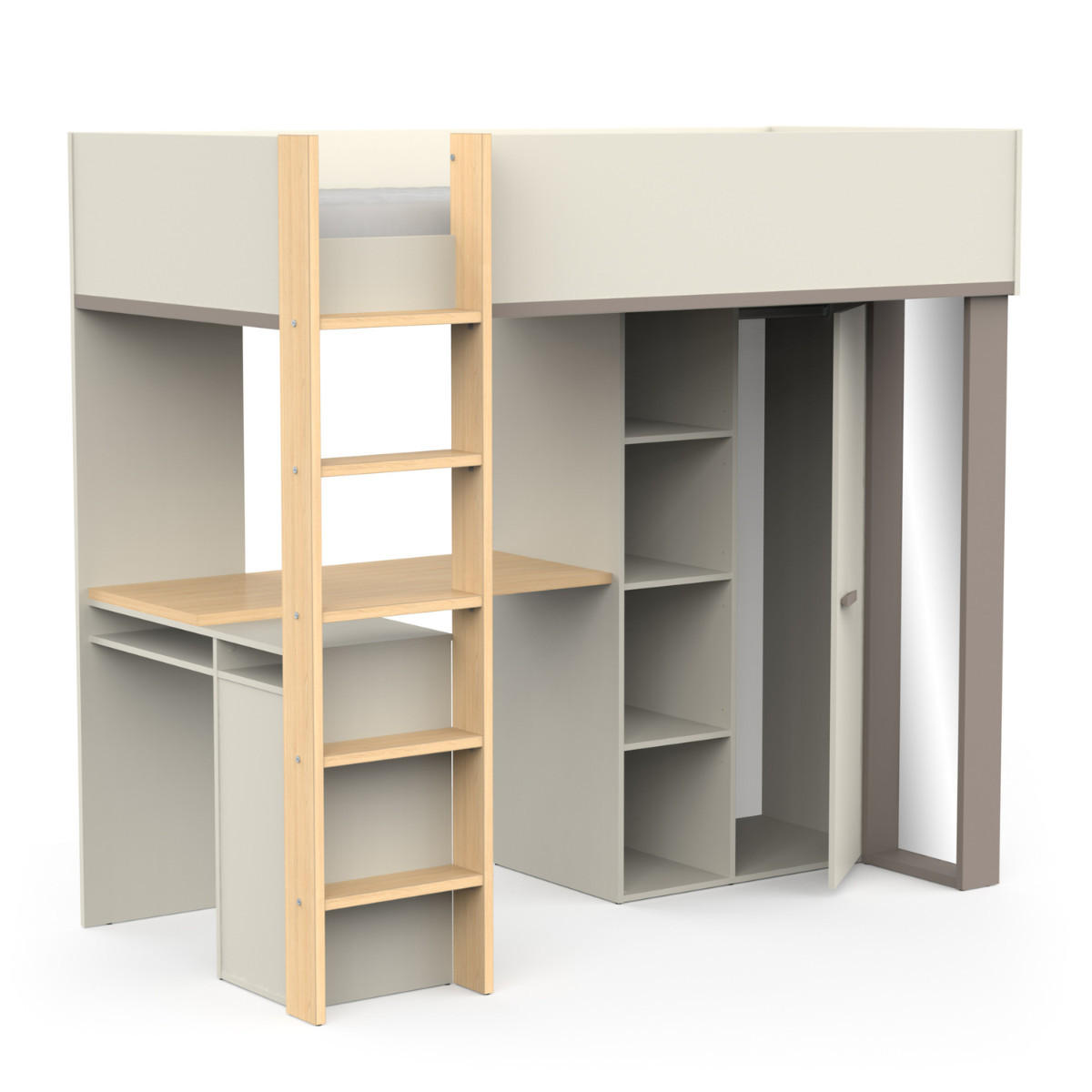 HOCHBETT mit schreibtisch und kleiderschrank - camillia 205,9/104,1/183 cm - Grau, Holzwerkstoff - Calicosy