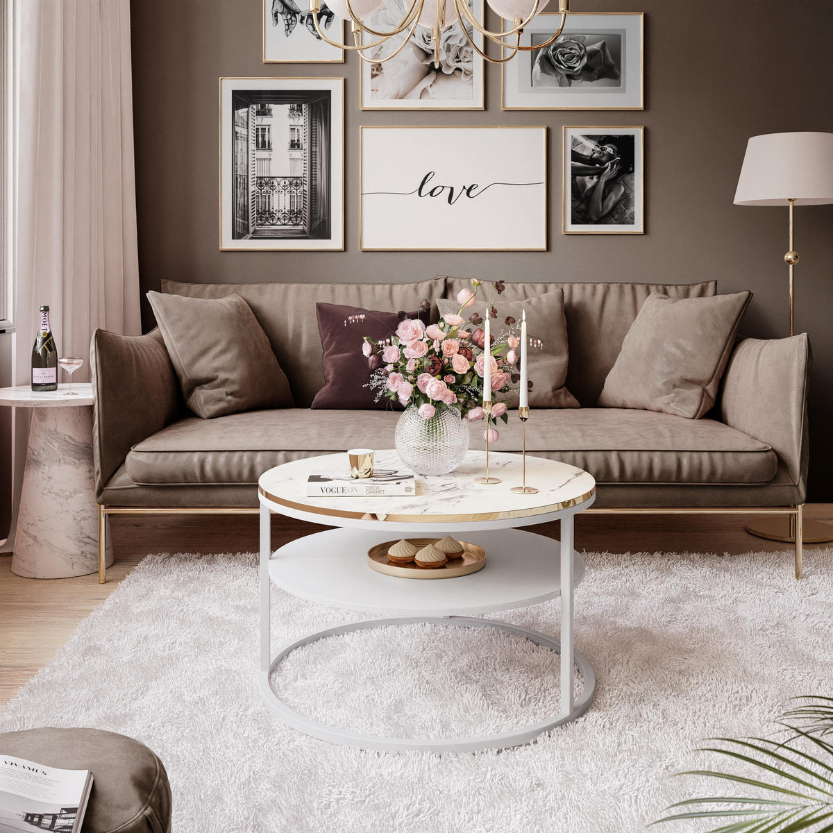 COREIL MARMUR runder Couchtisch mit Ablage Weiß / Carrara Marmor - Weiß, Holzwerkstoff (70/70/49cm) - Lookway