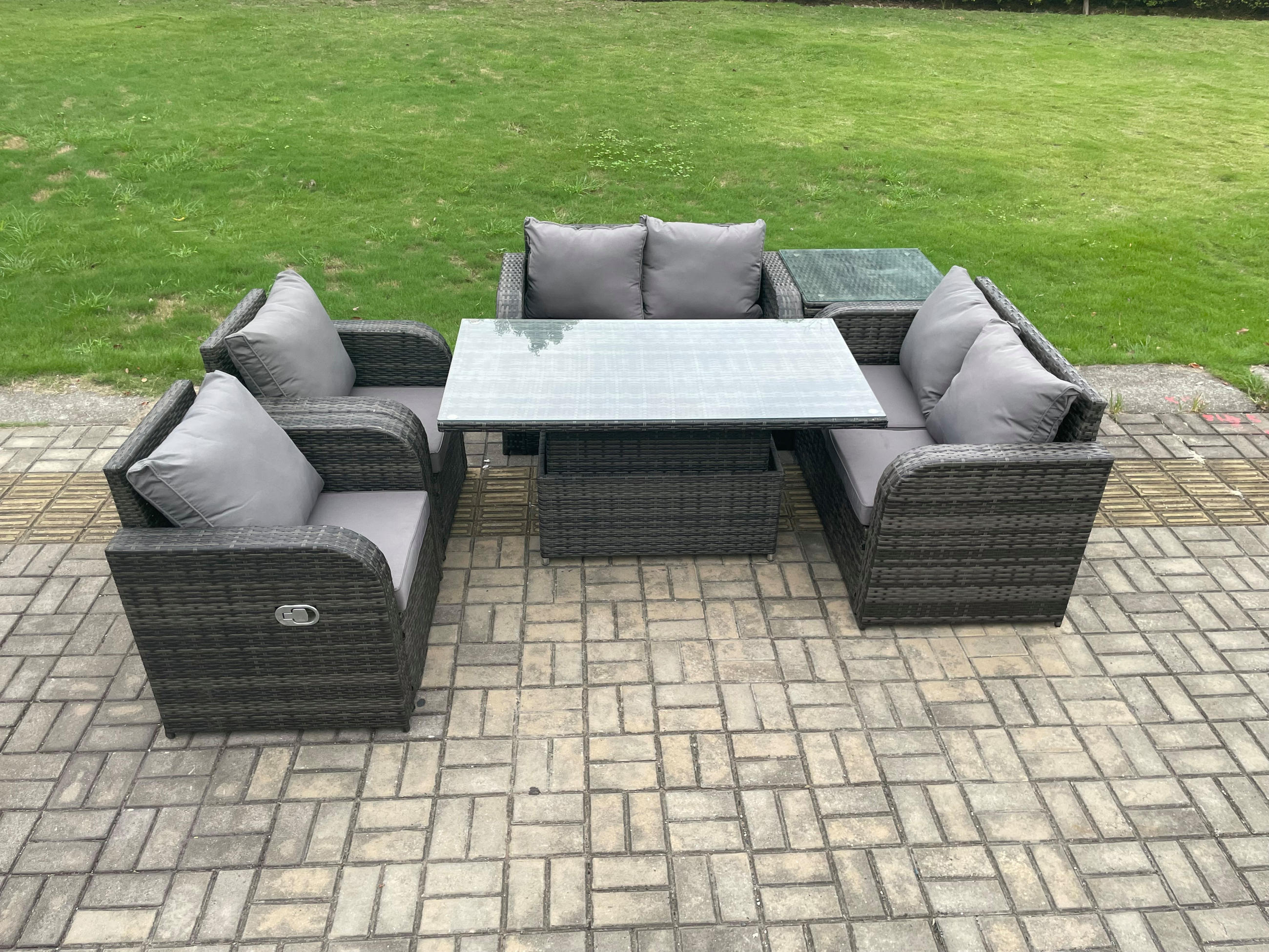 GARTENMÖBEL SET Polyrattan 6-Sitzer - Dunkelgrau/Grau, Glas/Kunststoff - Fimous